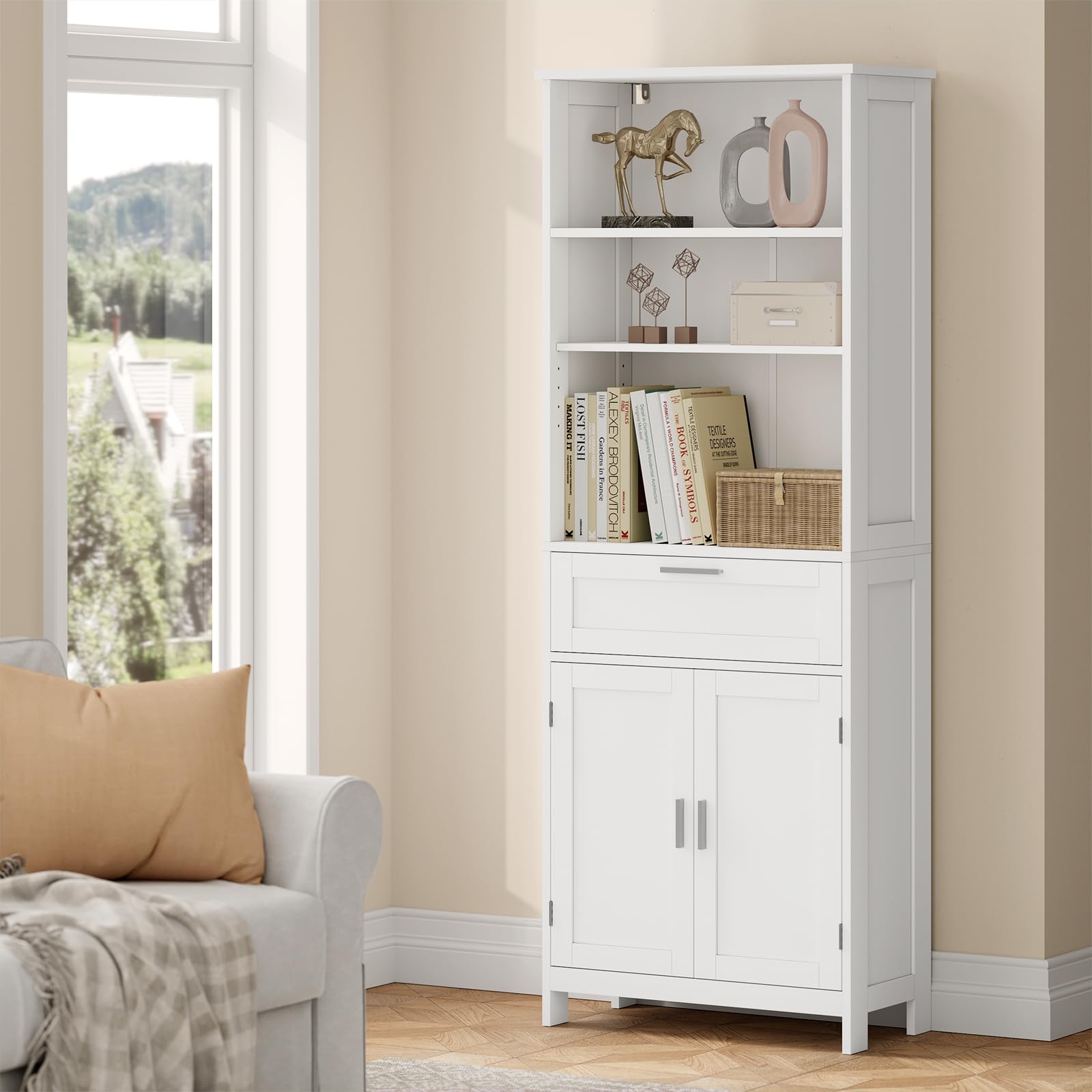 eSituro Badezimmerschrank, Badschrank Hochschrank, Aufbewahrungsschrank mit 2 Türen, 3 offenem Ebenen und 1 Schublade, Mehrzweckschrank für Badezimmer Büro Küchen Wohnzimmer, 60 x 160 x 30 cm, Weiß