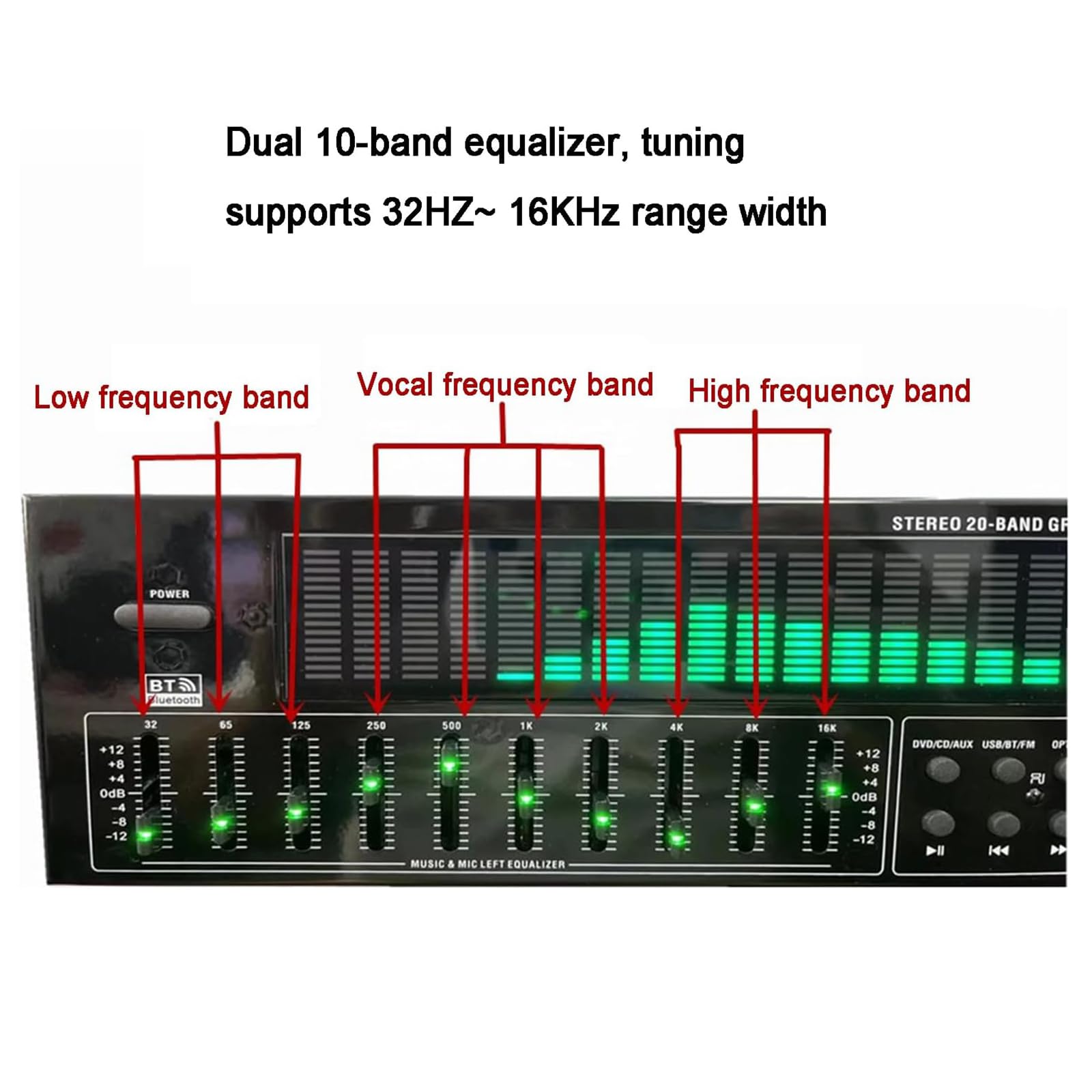 Égaliseur graphique stéréo 31 bandes, égaliseur audio numérique avec analyseur de spectre LED, 12 modes de rythme, réduction automatique du bruit pour studio d'enregistrement