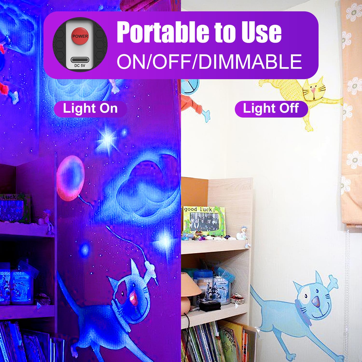 Barra de luz negra recargable, 4 paquetes, luces negras alimentadas por pilas para fiesta brillante, tira de luces UV inalámbricas con interruptor de encendido/apagado/dimma/flash, para pesca en el
