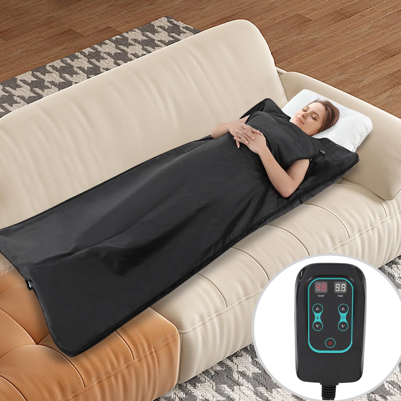 Manta de sauna de infrarrojos portátil para el hogar con 5 mantas de emergencia, manta plegable para sauna de infrarrojos lejanos, 30-70 ℃, temperatura ajustable, manta para sauna de infrarrojos con