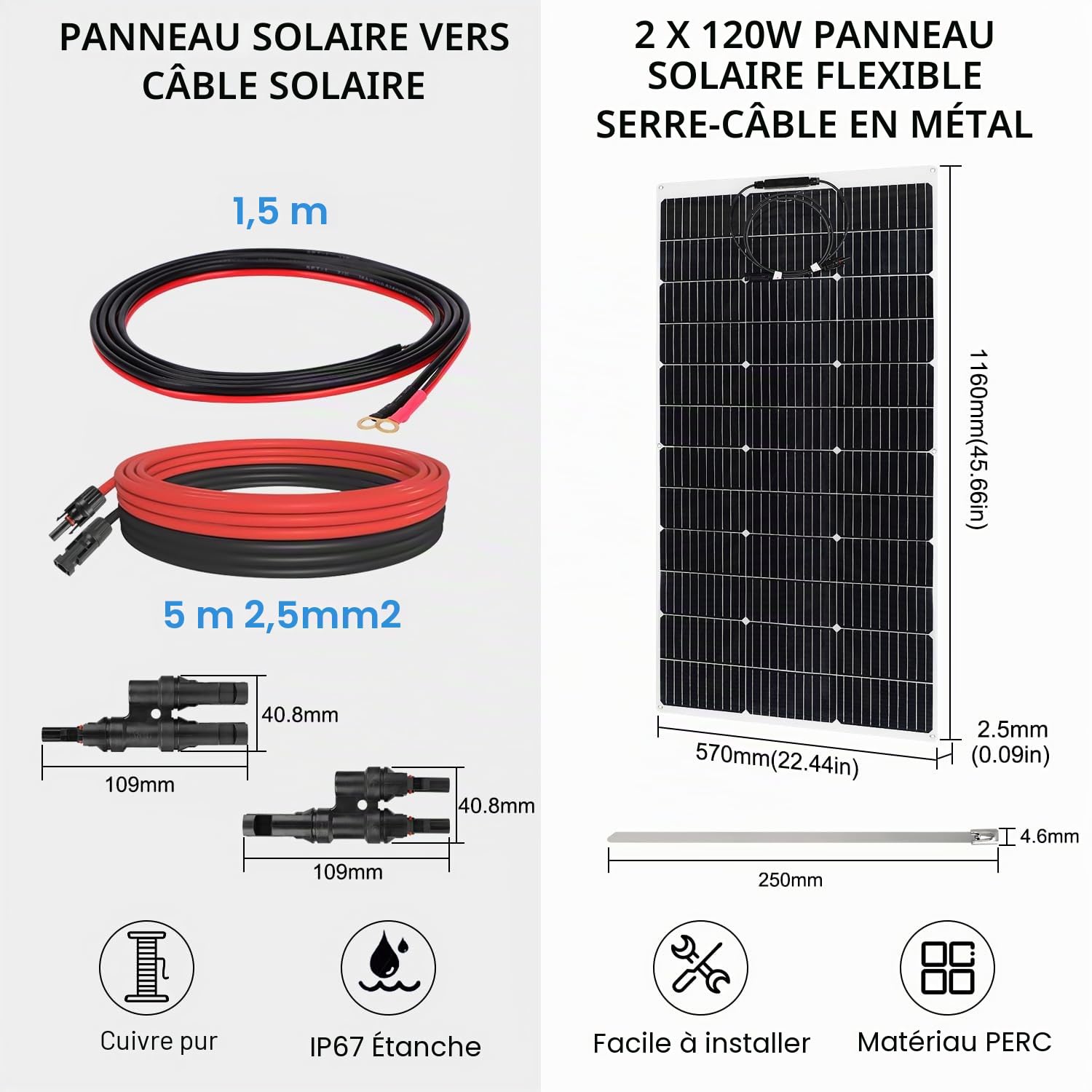 【Panneau Solaire Souple 120W Kit】DERUXI Panneau Solaire Flexible 12V 120W+Régulateur de Charge 30 A+4 Pcs Solaire Câble+6 Pcs Collier Serrage Inox, Panneau Solaires Set pour Camping-Car Bateau Balcon