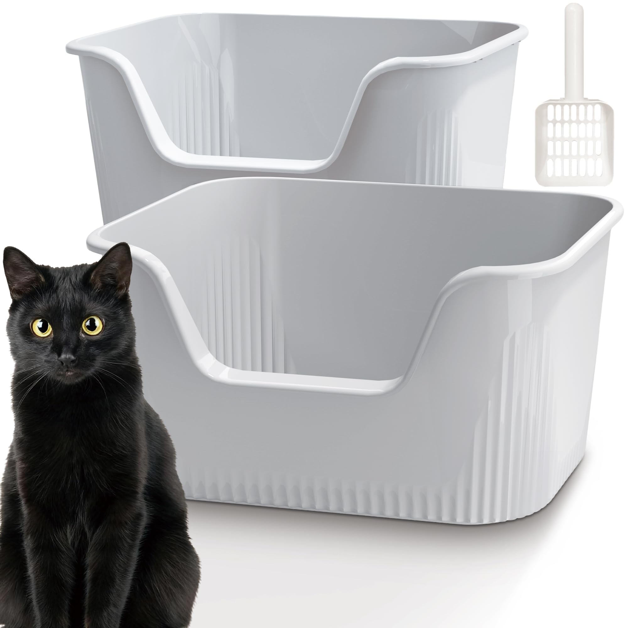 Vealind Bandeja de arena para gatos de cara alta con entrada lateral, 2 cajas de arena para gatos con pala de arena, 100% a prueba de fugas, antisalpicaduras, bandeja de arena profunda para gatitos