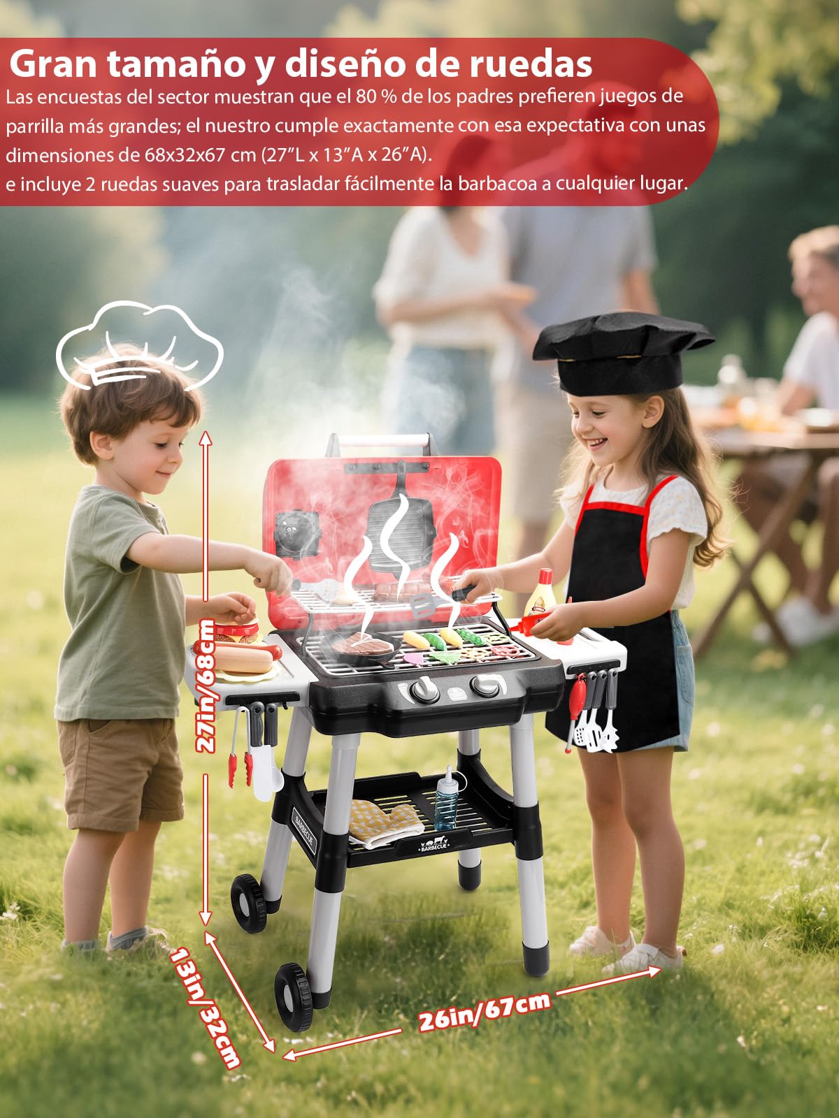 Juguete de Cocina para Niños Juego de Barbacoa Parrilla Sonido y Luz Juguetes de Cocina Interactivos con Delantal y Gorro de Chef Juego de Imitación para Pequeños Chefs Accesorios para Juego de Roles