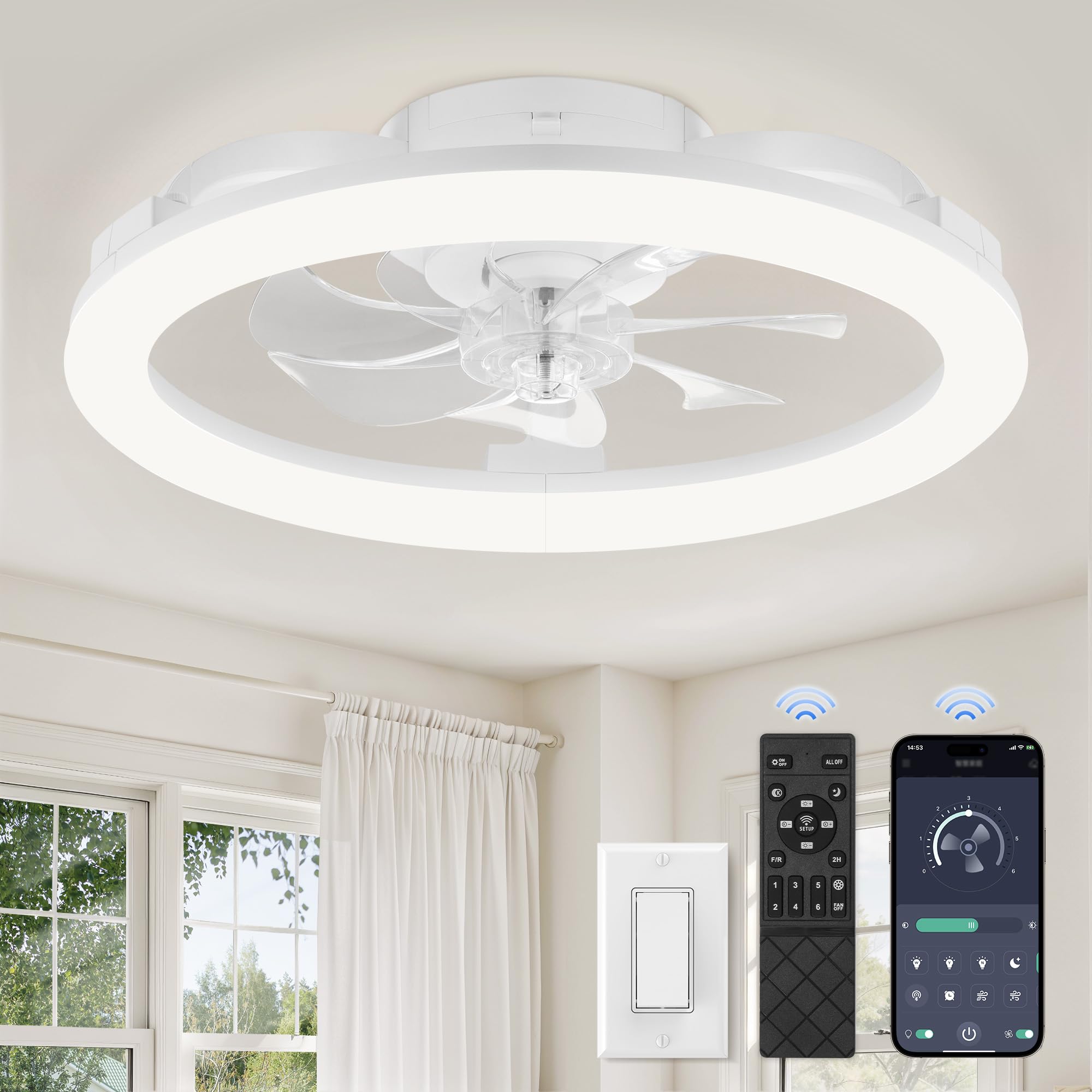 Photo 1 of *** PARTS ONLY *** LEDIARY 20 Inch Low Profile Ceiling Fans with Lights and Remote, Dimmable Modern Fan Light(3000K-6000K), 6 Speed, Reversible, APP & Remote Control, Flush Mount Ceiling Fan for Bedroom, White
