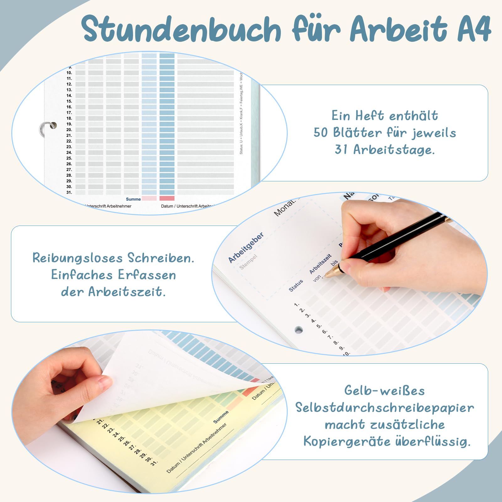 5 Bücher Stundenbuch für Arbeit A4 Arbeitszeitnachweis Block für 31 Tage Stundennachweis Monatliche mit Rückenpappe Arbeitszeiterfassung Buch Stundenzettel für Minijob Vollzeit 2x50 Blatt Weiß Gelb
