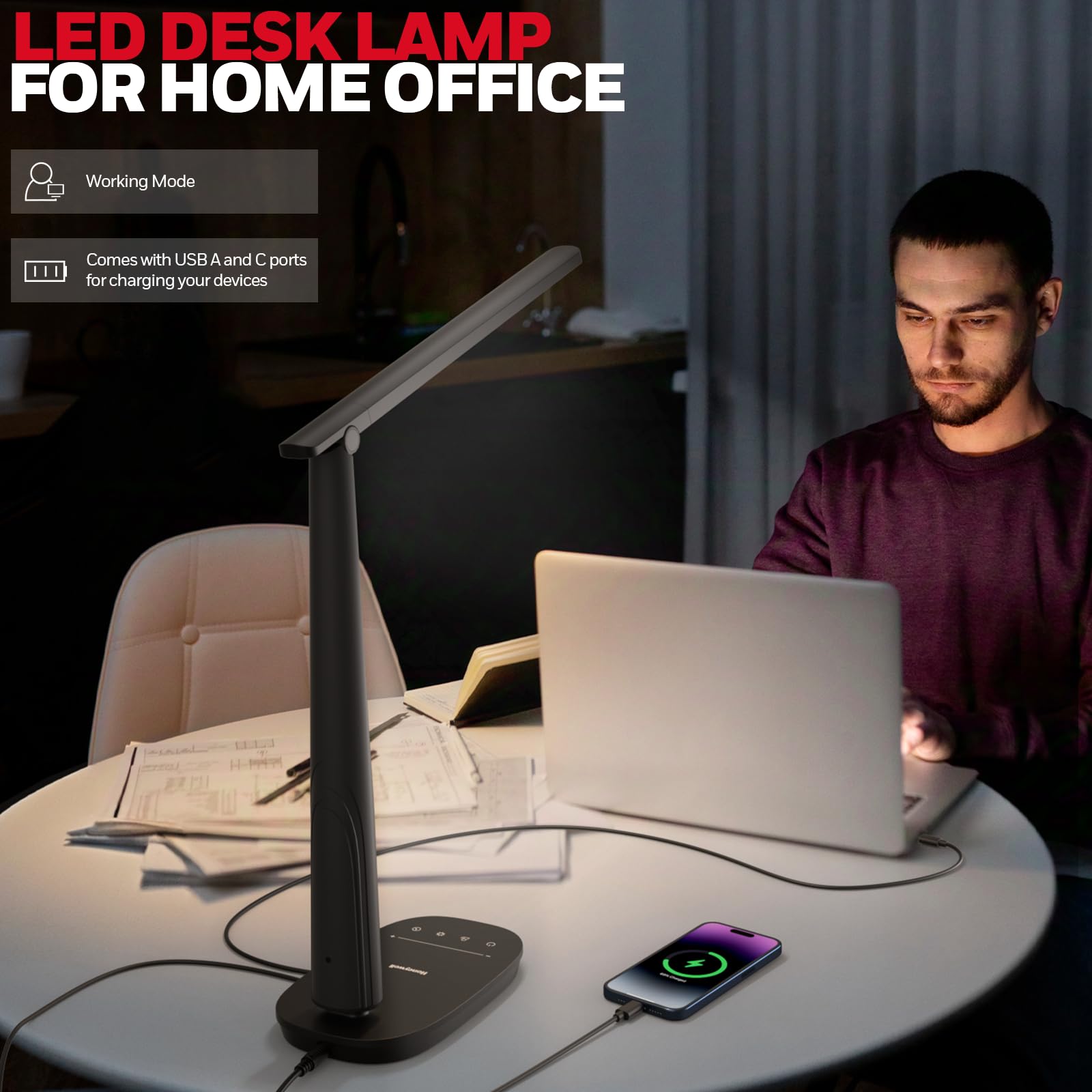 Honeywell Desk Lamp for Home Office Dimmable LED Desk Light with USB A+C Dual Charging - Image 4