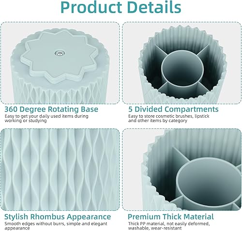 Miniatura 3 de Soporte para bolígrafo azul para escritorio, organizador de escritorio giratorio de 360 grados con 5 compartimentos, soporte para brochas de