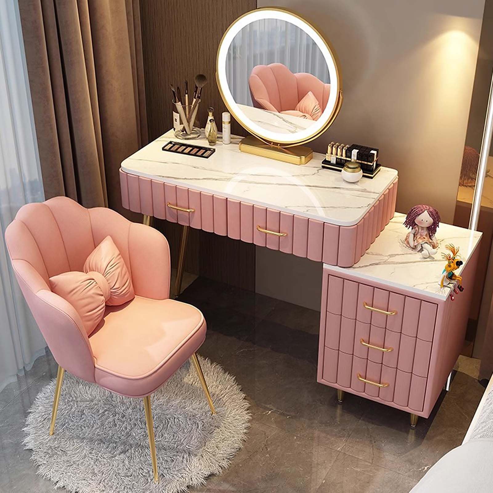 CGCSYZ LED Lighted Vanity Desk Set Makeup Table with Drawers & Metal Handles Upholstered Stool Grey 80cm Stylish Makeup Station for Bedroom & Dressing Room(Pink-80cm)