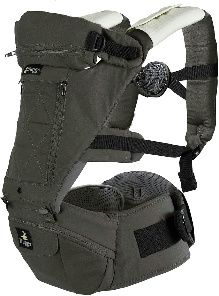 Huggs 3-in-1 Baby Carrier with Hip Seat - Ergonomic M-Position | Front-Facing, Hip-Hugger, Back Baby Carrier - 3 Mos to Toddler - Buckle Closure, Hands-Free - US Safety Approved - Grey