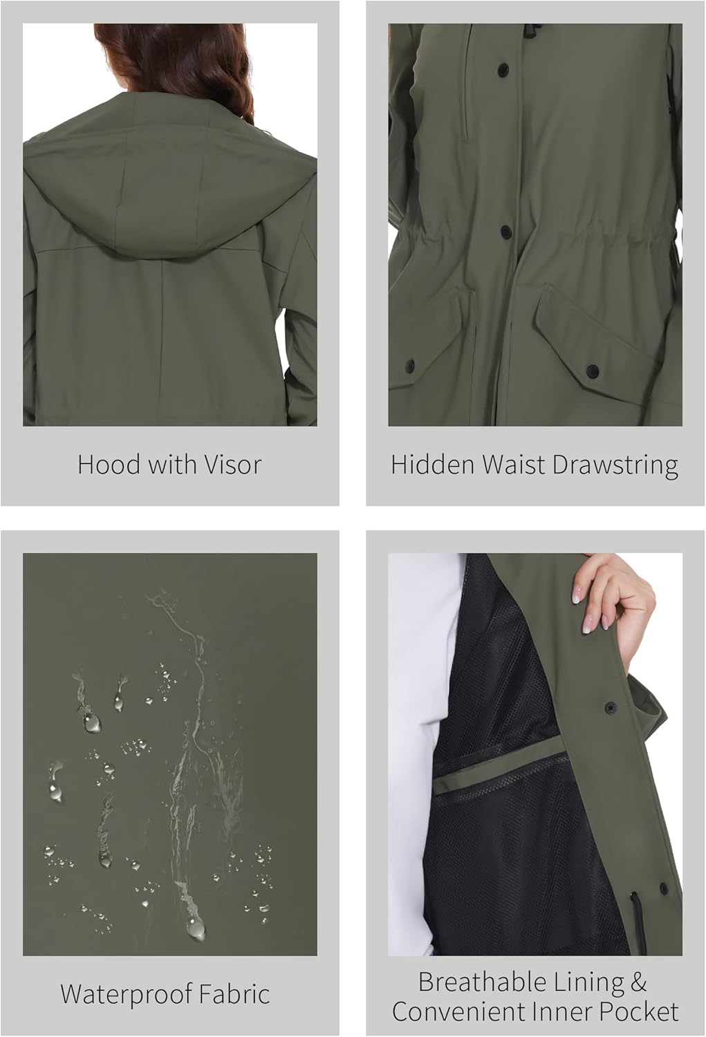 Fahsyee Raincoat Women, Rain Jacket Waterproof Coat Hooded Windbreaker Outdoor Long Active - Image 6
