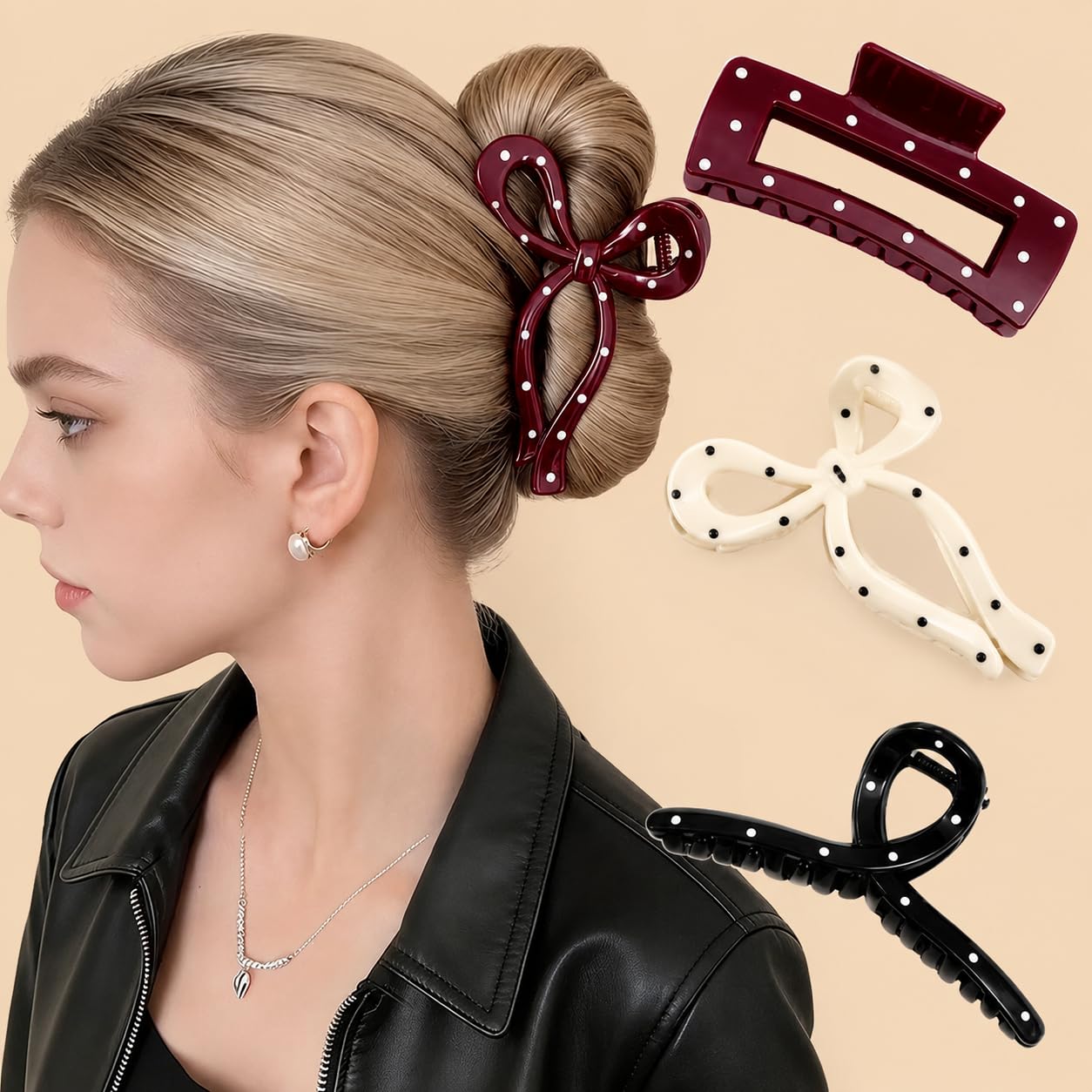 TOTAL HOME Hair Claw Clips for Women | 3 Pc Big 4 Inch Hair Clutcher Set | Glossy Polka Dot Bow, Rectangle & Twist Claw Clip | Strong Grip Non-Slip Hair Accessories for Thick & Thin Hair (Multicolor)-image-20
