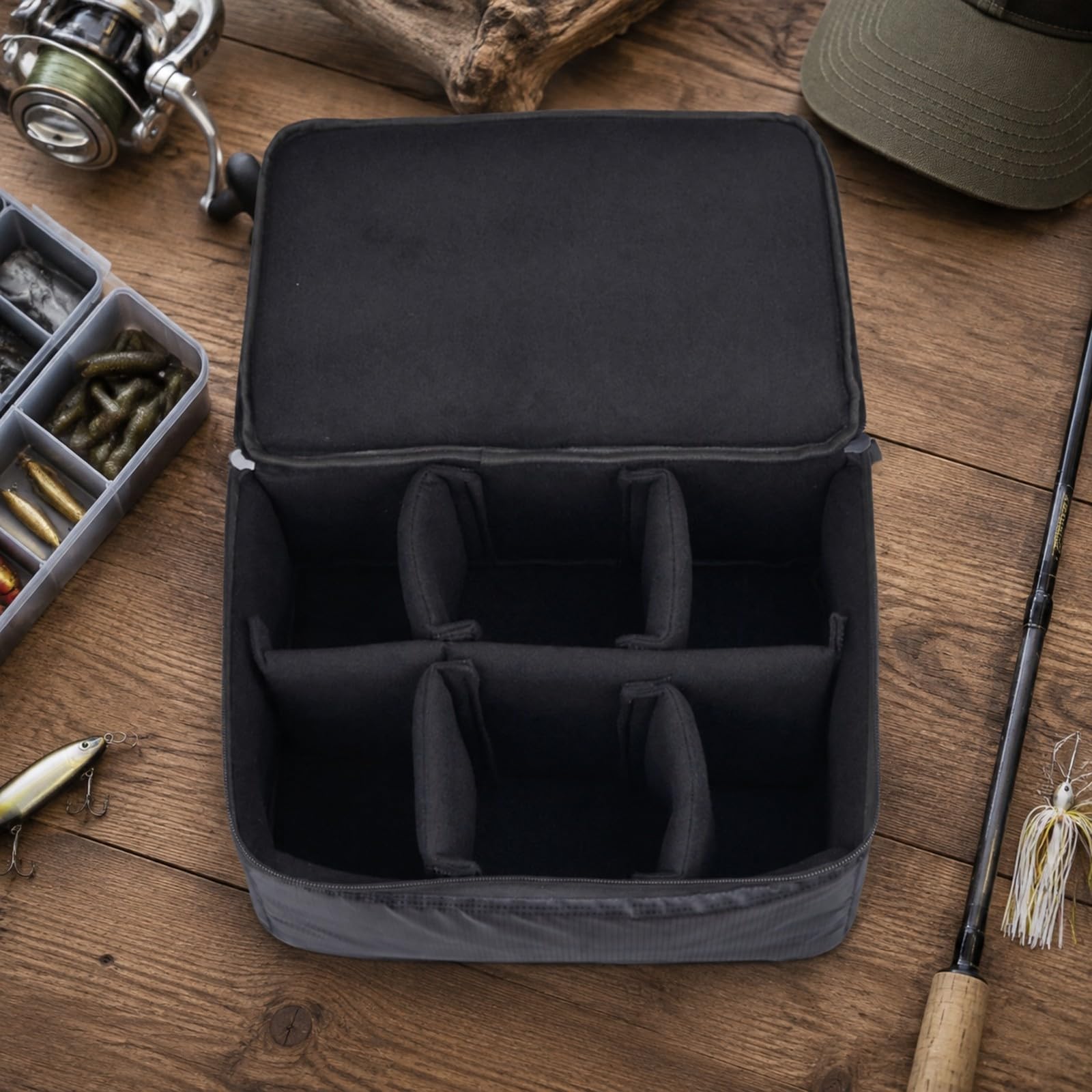 Gralara Portacarretes Pesca con Compartimentos Interiores Personalizables y Protección Acolchada Impactos para Carretes Rotativos y Fijos con Cierre