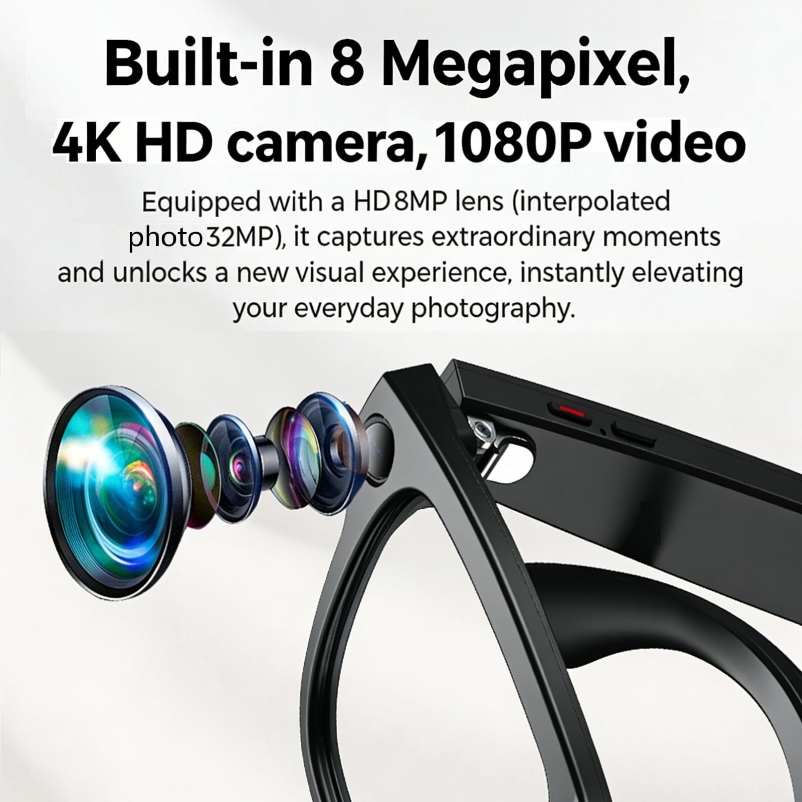 REEDTOCK Occhiali intelligenti AI con fotocamera, registrazione video HD 1080P, occhiali con fotocamera Bluetooth, cancellazione del rumore, assistente vocale, traduzione, montatura TR90, per esterni