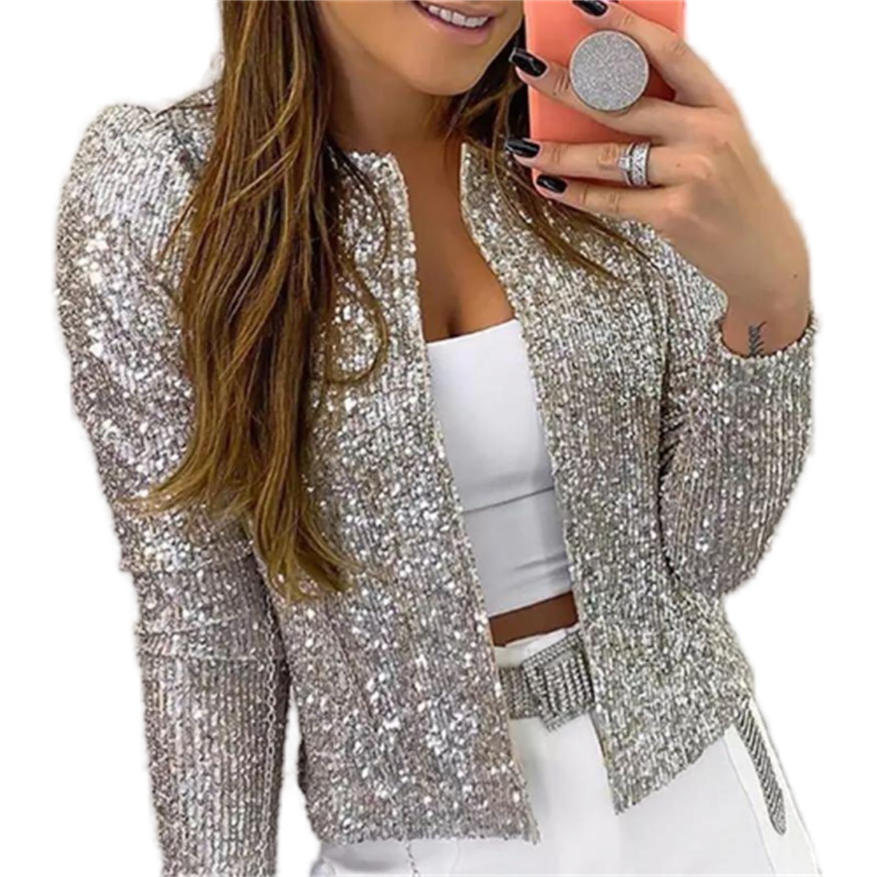 Women Sequin Blazer Open Front Jacket Womens Fashion Sequin Jacket Long Sleeve Short Blazer Casual Coat