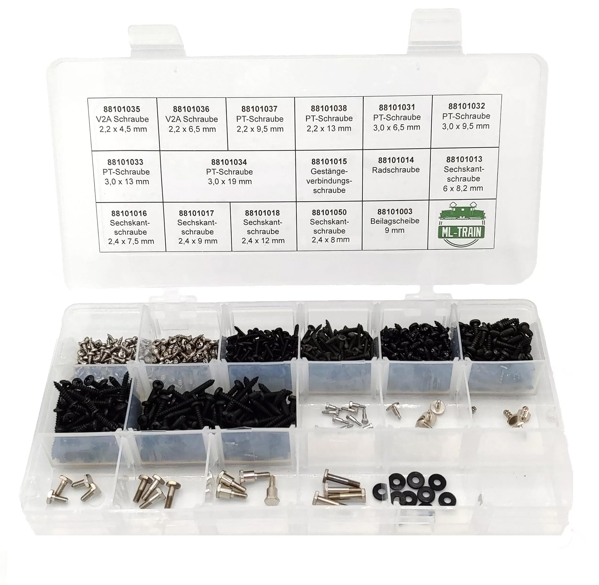 Schrauben-Set mit Sortierbox (838 Teile) - PT-Schrauben Sechskantschrauben V2A-Schrauben Beilagscheiben - Gartenbahn Spur G Zubehör
