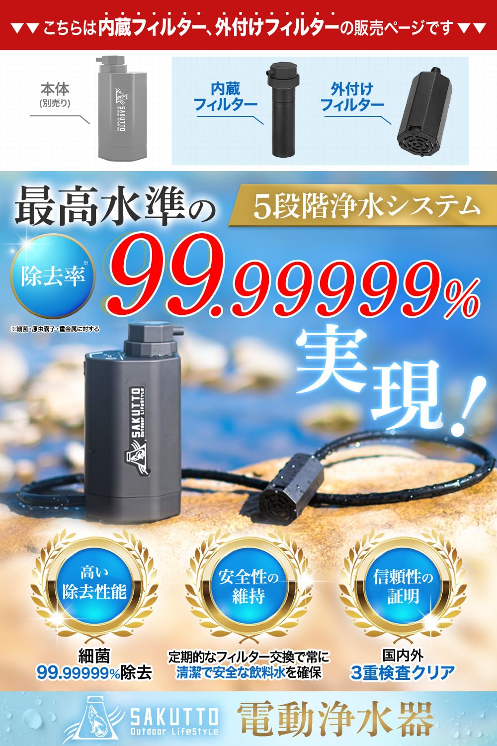 高性能携帯浄水器(セーガン・ライフ社製) 電動・手動ポンプ付き 