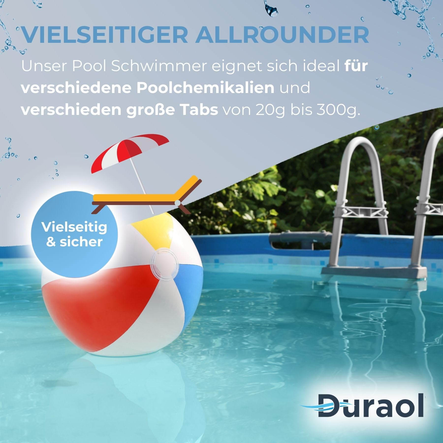 Duraol Pool Dosierschwimmer mit Thermometer I Einstellbarer Dosierer zur Chlorzugabe für Pools I Pool Dosieranlage ideal für 20g bis 300g Tabs I Chlor Schwimmer mit verstellbaren Dosierschlitzen