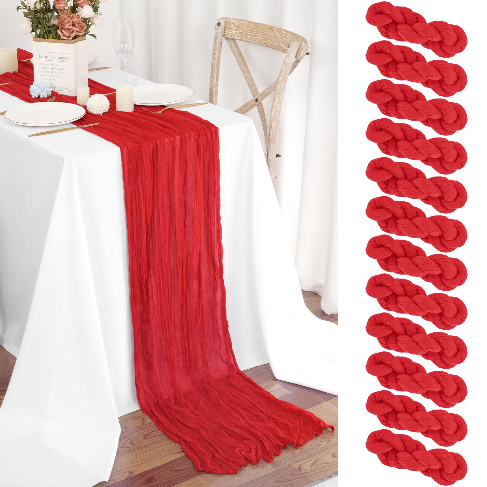 Teruntrue Lot de 12 Nappes en Fromage Chemins de Table Rouge 55x300 cm, Nappe Boho en Gaz de Fromage pour Décorations de Mariage, Fête de Naissance, Douche de Bébé et Anniversaire