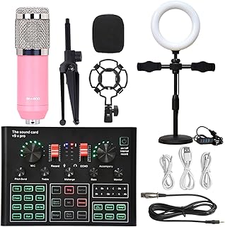 Sound Card Kit Microphone Ring Fill Light Tripod Mic Kit With Live Sound Card Wireless Karaoke Professional Studio Condenser Microphone Studio Setup For Recording Music (Color : Pink BM900 LED, Size