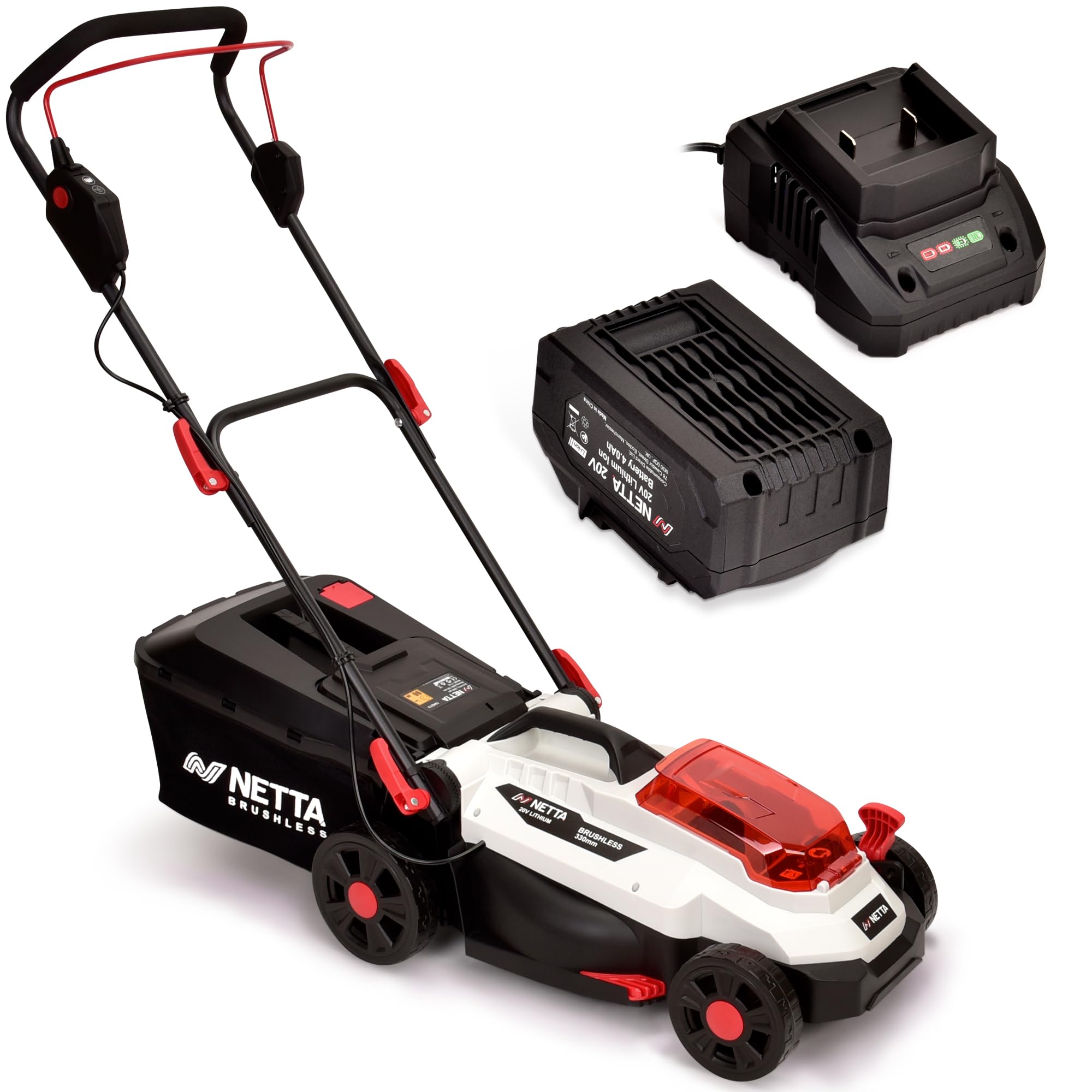 NETTA Cordless Lawnmower 20V - Brushless Motor Lawn Mower with 4.0Ah Battery & Charger - 33cm Width, 5 Heights, Mini Lawn Mower for Small Garden - Battery Operated Lawnmower - 30L Box