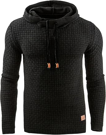 Casual Plaid Hoodie for Men Jacquard Long Sleeve Workout Tops Solid Color Drawstring Pullover Hooded Sweatshirts