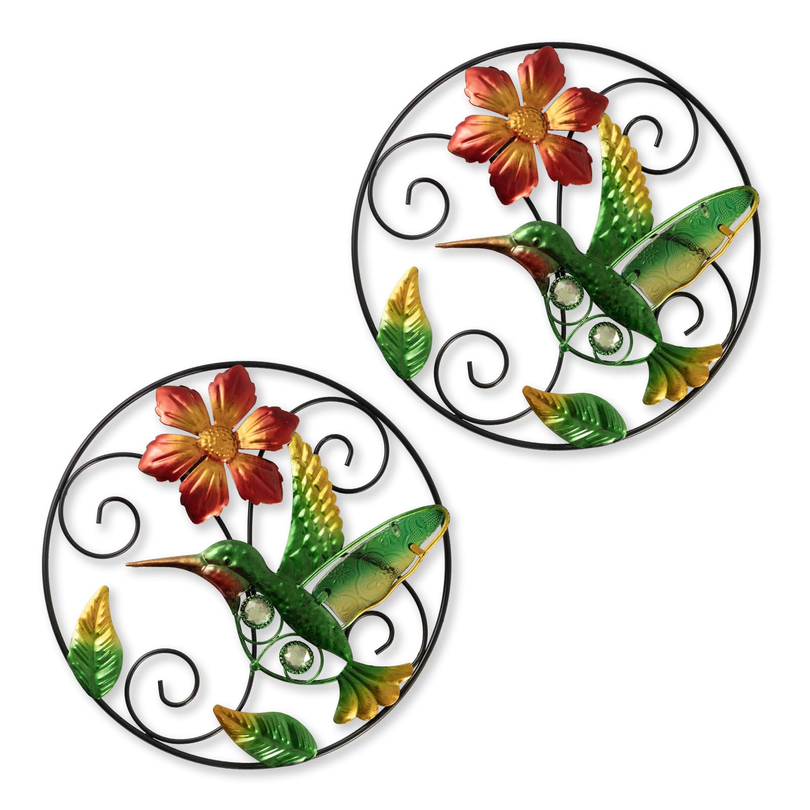 Jusimux 2 Pack the lovely Round metal/Glass Hummingbird and Flower wall Art Decor, 9.5 Inch Fence Decorations Outdoor Hanging Decor for Patio Bedroom