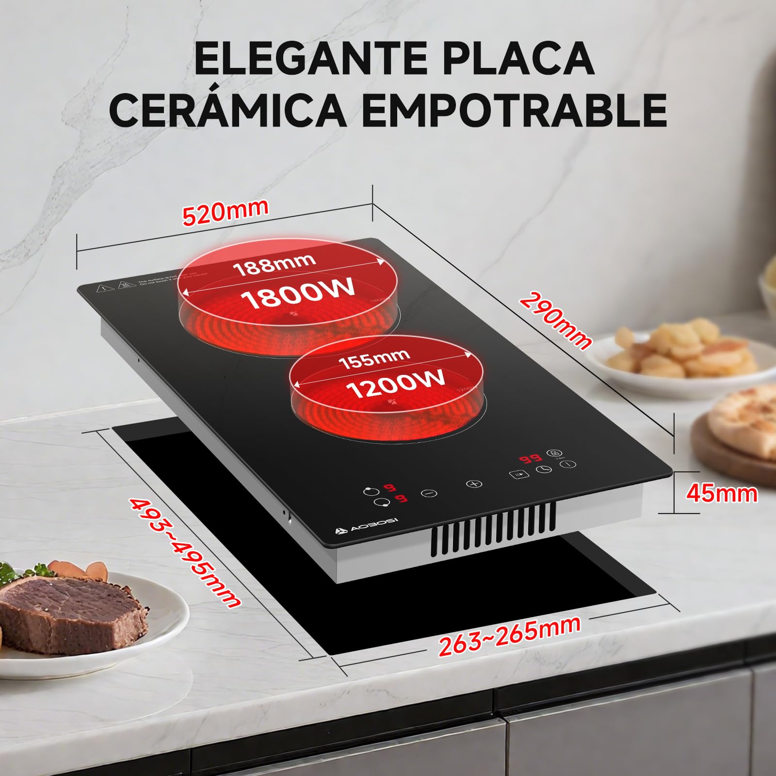 Aobosi Placa Vitrocerámica 2 Fuegos, Domino Vitrocerámica con 9 Niveles de Potencia, Control Táctil, Función de Pausa,Seguridad Para Niños, Timer 99 Min, 3000 W
