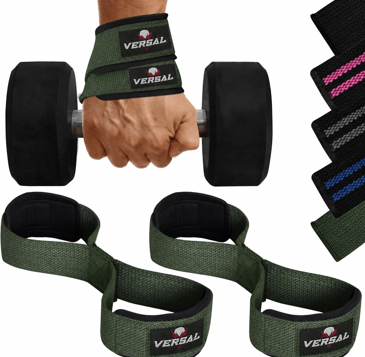 VERSAL Weight Lifting Straps Figure 8 Lifting Straps Neoprene Padded Wrist Support Gym Straps Heavy Duty Weightlifting Deadlift Straps for Powerlifting Fitness Training Workout (Military Green)