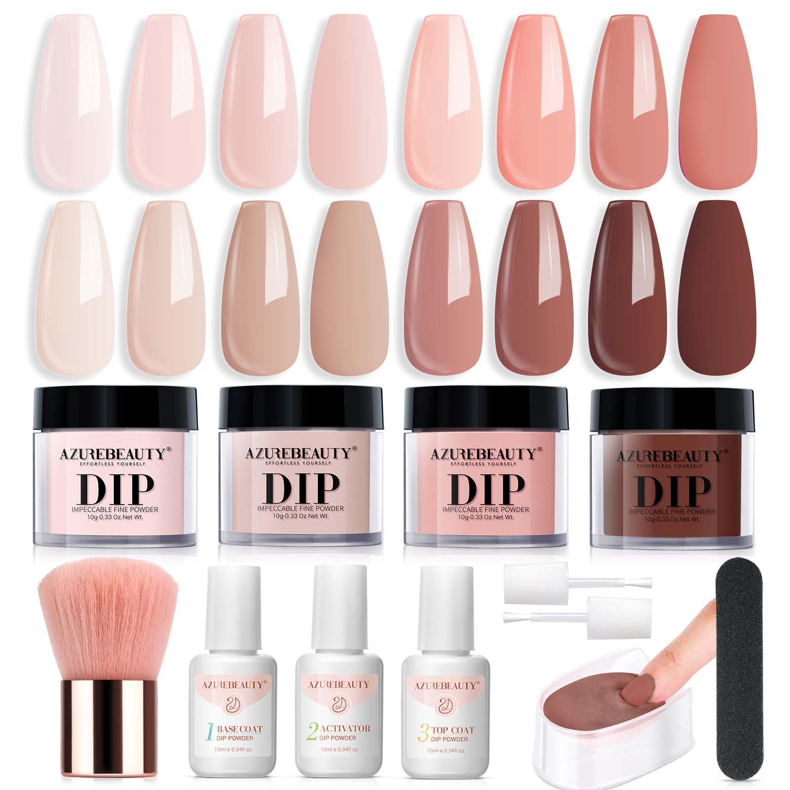 AZUREBEAUTY Dip Powder Nail Kit Starter, All Season Skin Tone Nude Brown 4 Colors Acrylic Dip Powder Liquid Set with Base/Top Coat Activator for French Nail Art Manicure DIY Salon Gifts