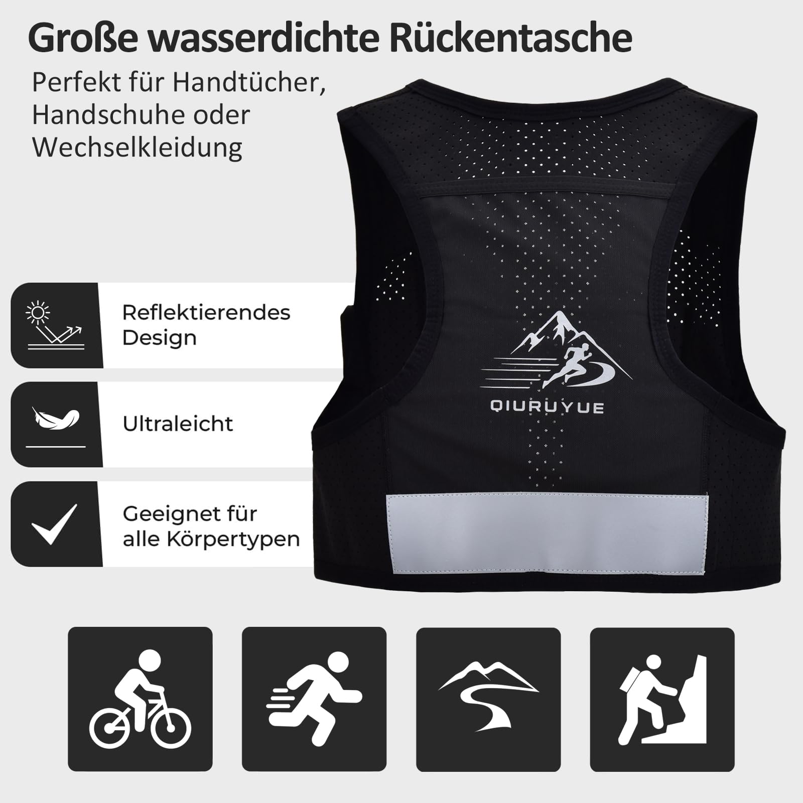 Gilet de course pour homme et femme, brevet européen original, sangles de poitrine réglables, gilet d'hydratation avec bouteille d'eau de 500 ml, sac à dos d'hydratation réfléchissant avec