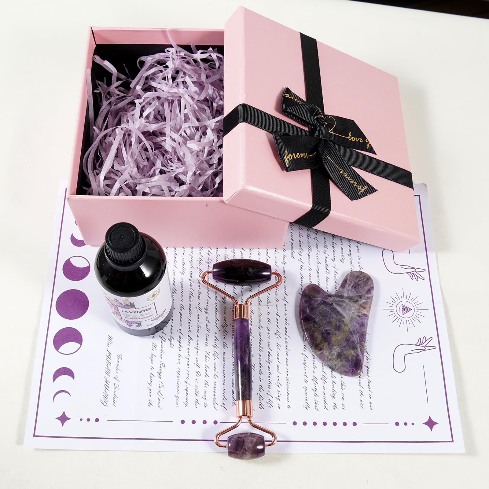 Rouleau de jade améthyste et cœur Gua Sha Kit de grattage pour le visage Outil de soins de la peau Outils de massage Grattoir pour la peau en cristal Ensemble de massage pour les yeux, le