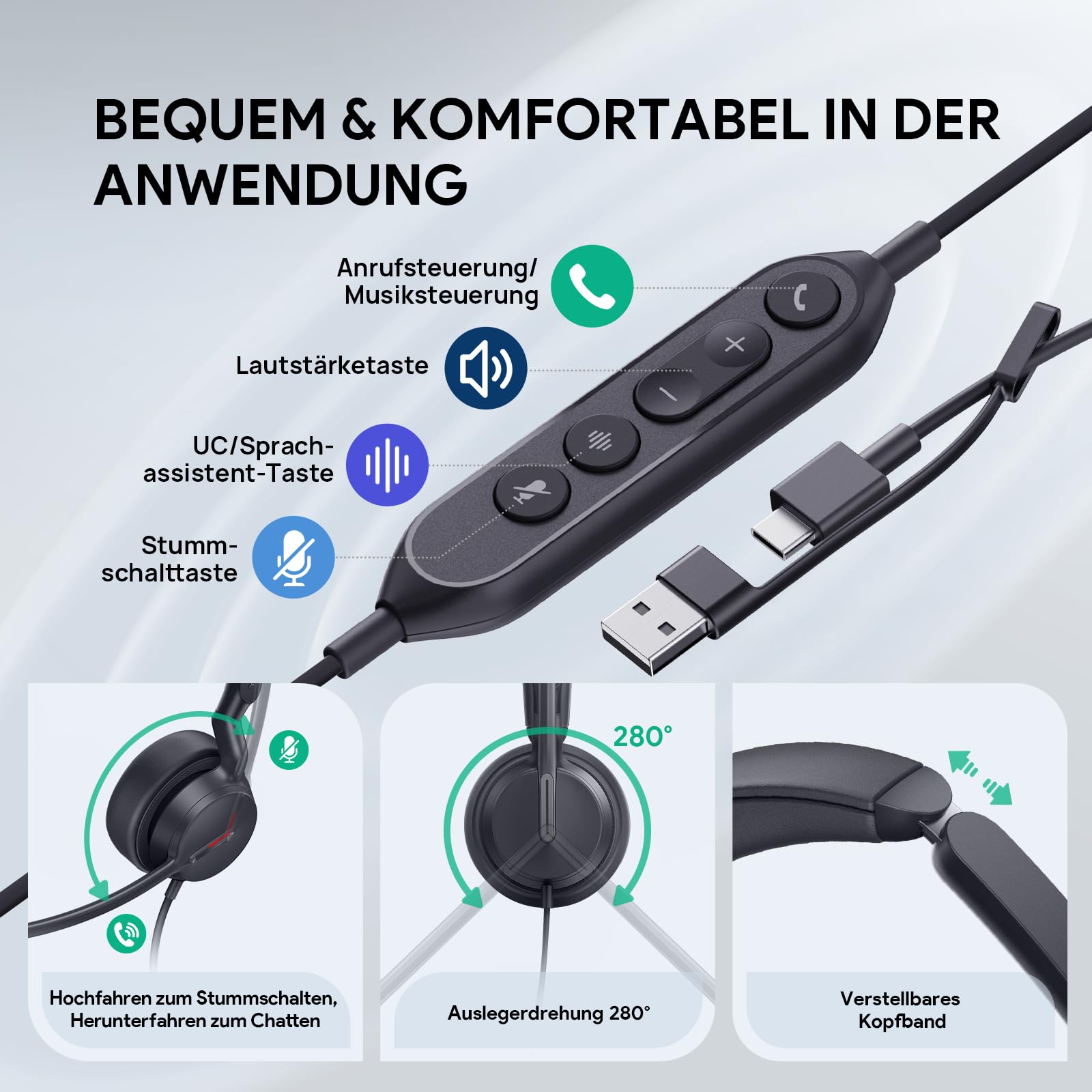 Yealink UH44 Cuffie con microfono, mono, auricolare Teams con cavo USB-C/A e cancellazione del rumore per PC, call center, ufficio e segnalazione di occupato.