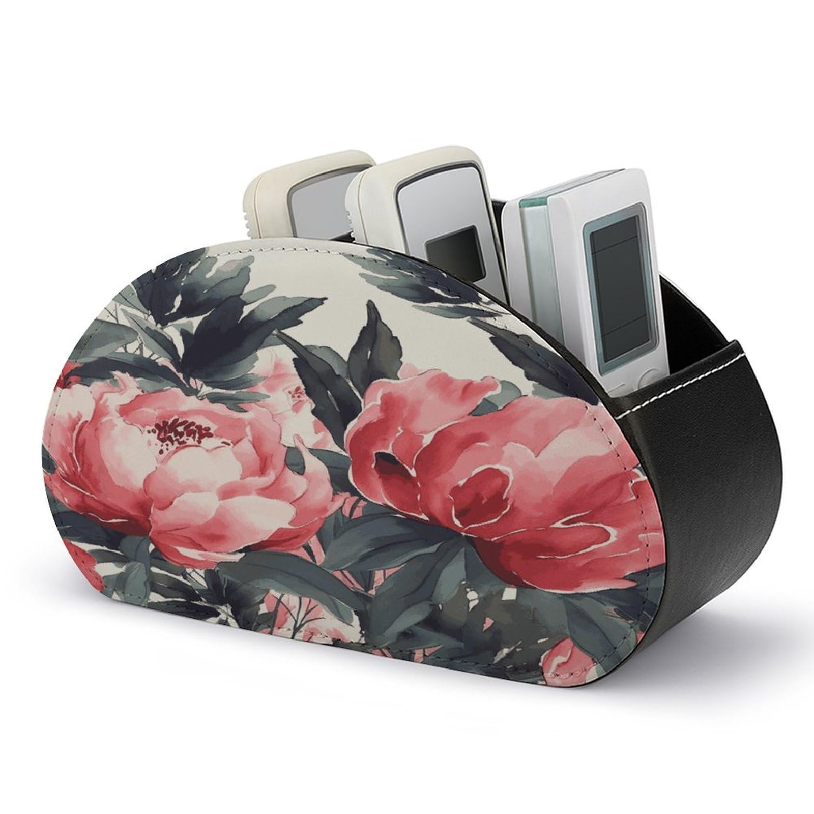 FekiLoot Peonies Spring TV Remote Control Holder with 5 Compartments Multi-functional Leather Bedside Table Remote Caddy Desktop Storage Box for Store Pen Controller Media Player Cosmetic