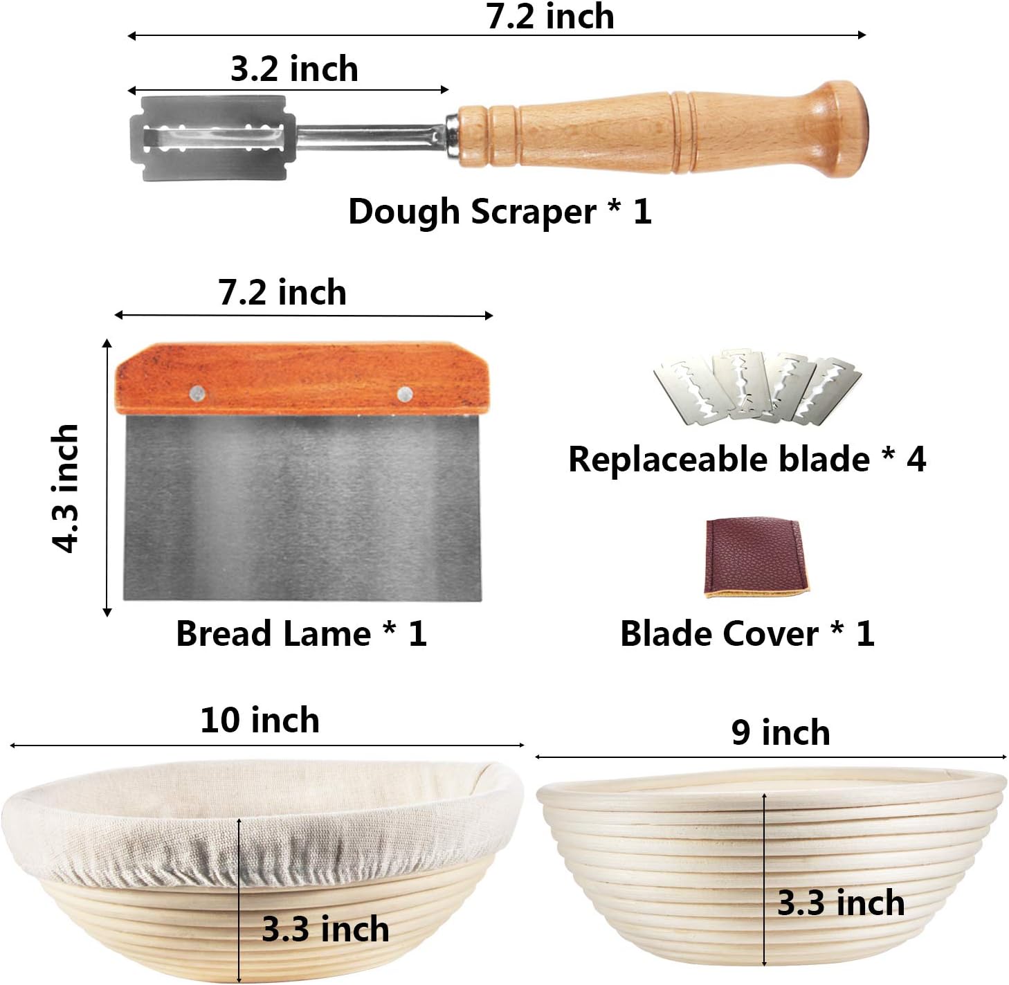 Proofing Basket 9 Inch + 10 Inch, TAOUNOA Bread Basket, with Dough Scraper, Bread Lame, Bread Baking Set for sourdough breads…