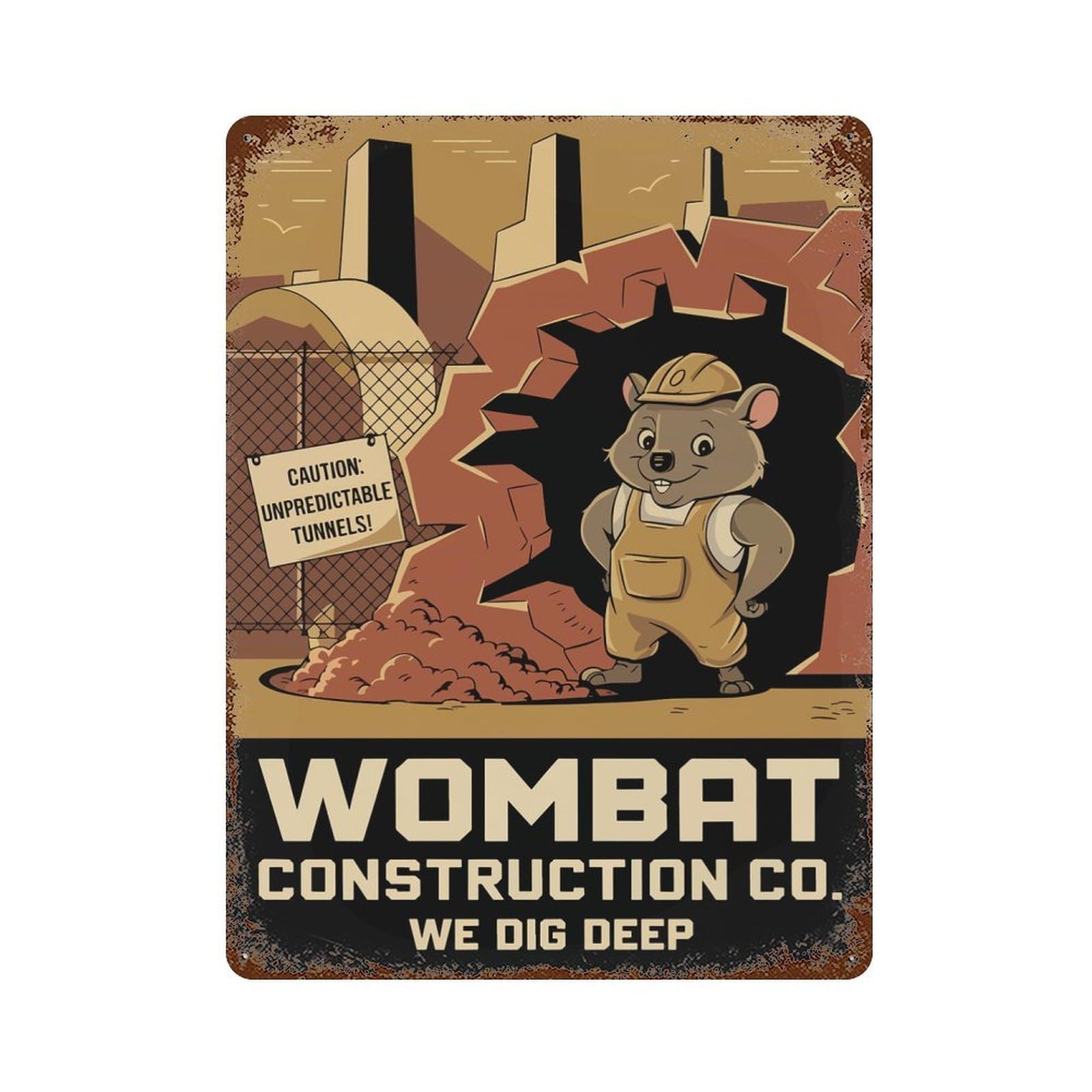Wombat Construction Co. Rusty Metal Tin Sign 15.7"x11.8", for Living Room, Hallway And Home Decor, Old School Wall Decor