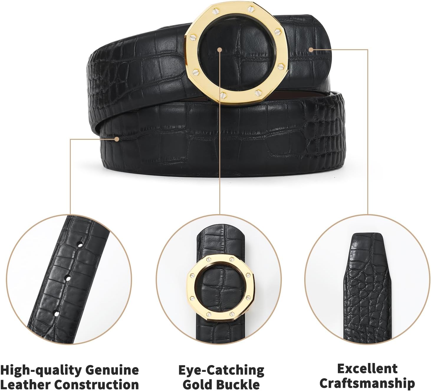 RISANTRY Men's Black Belt Genuine Leather Reversible Belt Gold Buckle Adjustable For Gift Men Belts for Men for Dress Pants