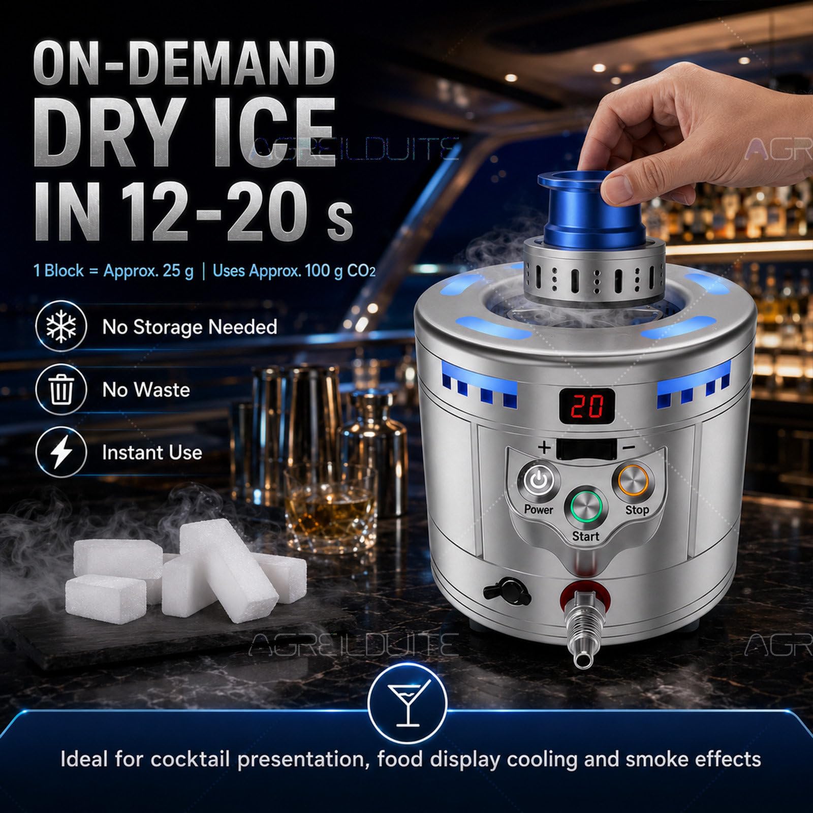 Enfriador de vidrio 2 en 1 de enfriamiento rápido y máquina de hielo seco, equipo profesional de bar para cócteles, cerveza, vino, exhibiciones de alimentos, eventos