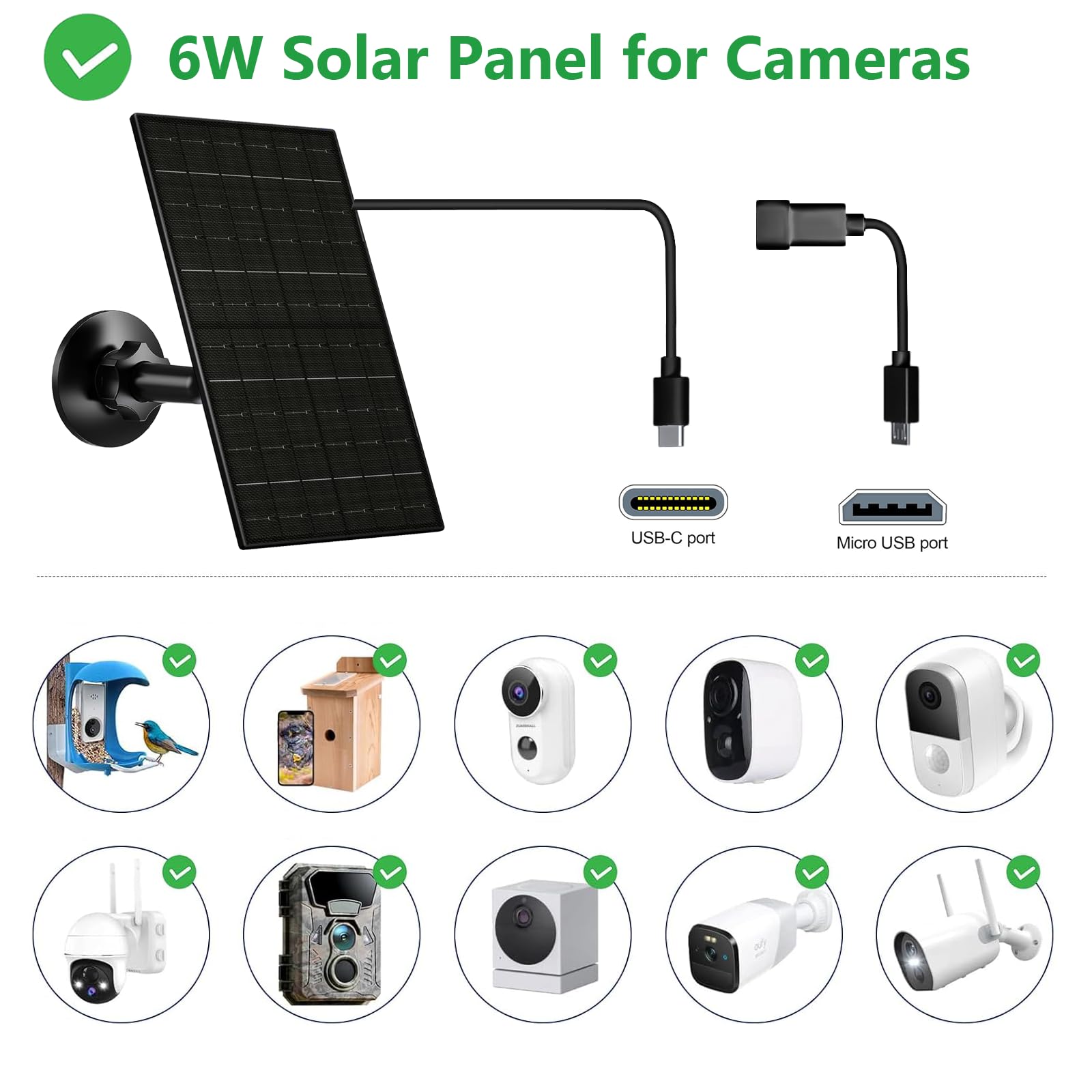 Zivif Panel słoneczny 6 W do kamer bezpieczeństwa, ładowarka solarna 5 V, kompatybilna z kamerami z akumulatorami, z portem USB-C i micro USB, wodoodporność IP66, regulowany uchwyt 360° i kabel 2,2 m