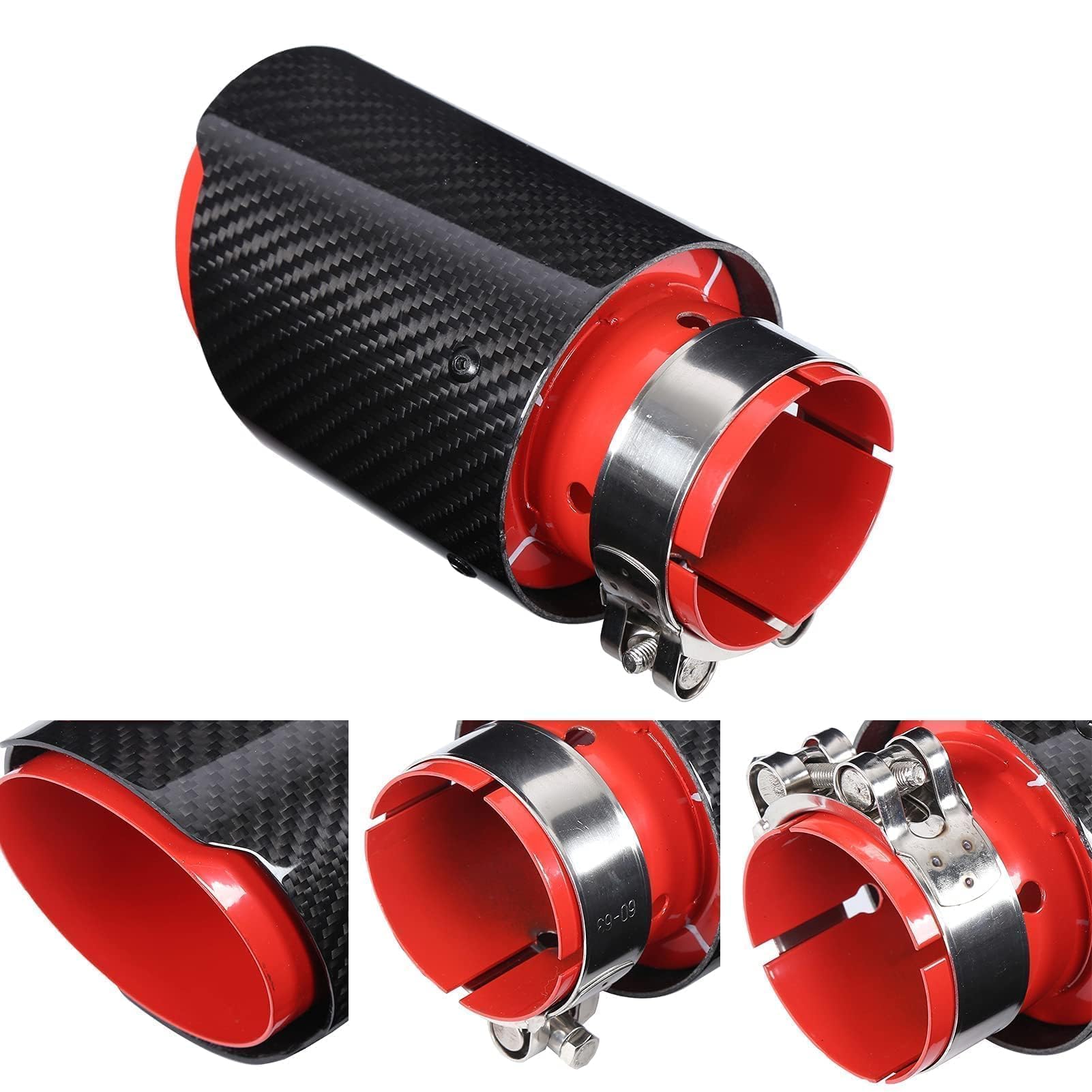 Gorge Arrière de Voiture 163mm/6,4 po, Embout D'échappement Universel en Fibre de Carbone Rouge Brillant Droit Entrée 63mm/2,5 po Sortie Simple 89mm/3,5po Embout Tube D'échappement Droit