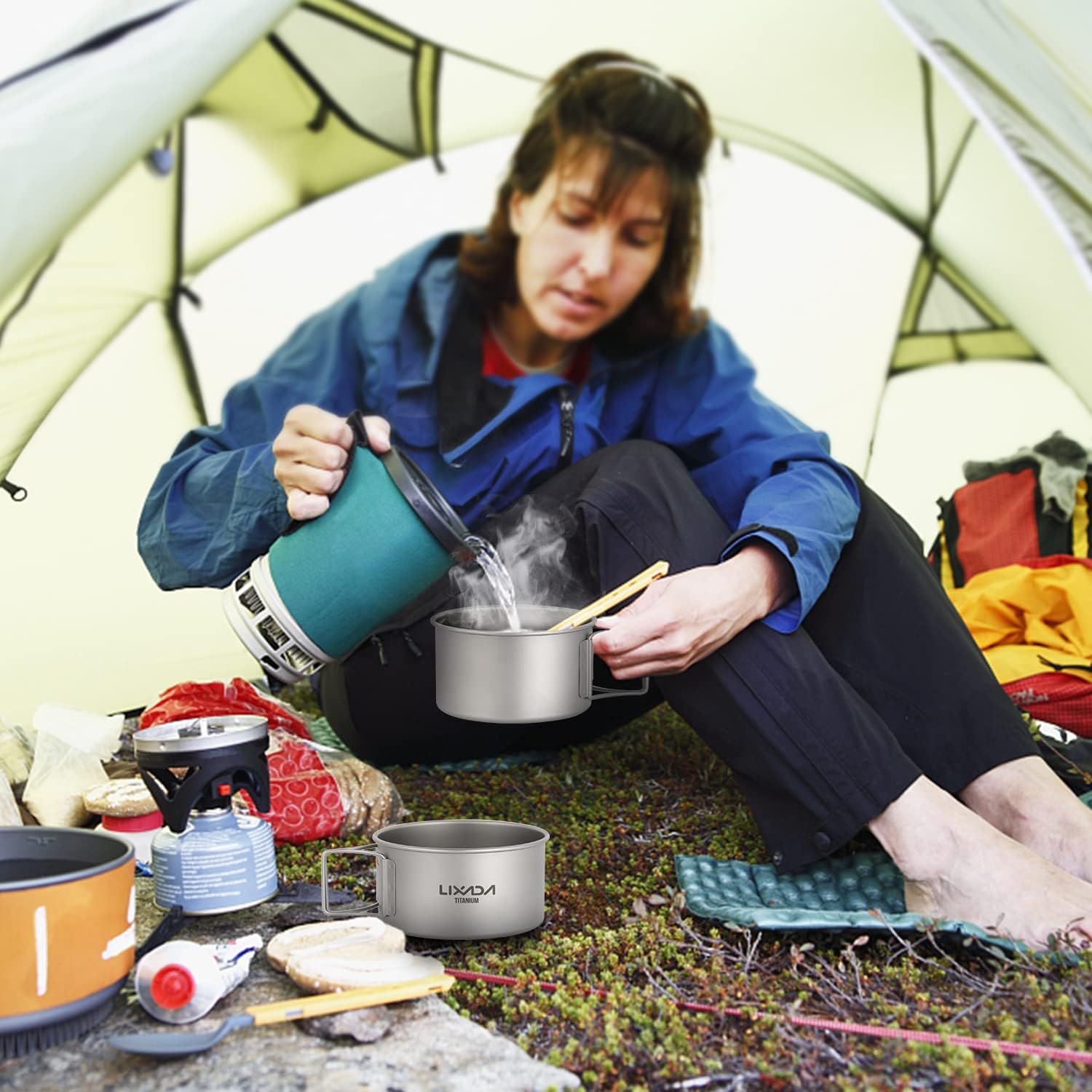 Pure Folding Handle Bowl Single Wall Alloy Cooking Utensil Bowl Outdoor Camping Hiking Backpacking Travel Tableware with Ergonomic Folding Handle (S&M)