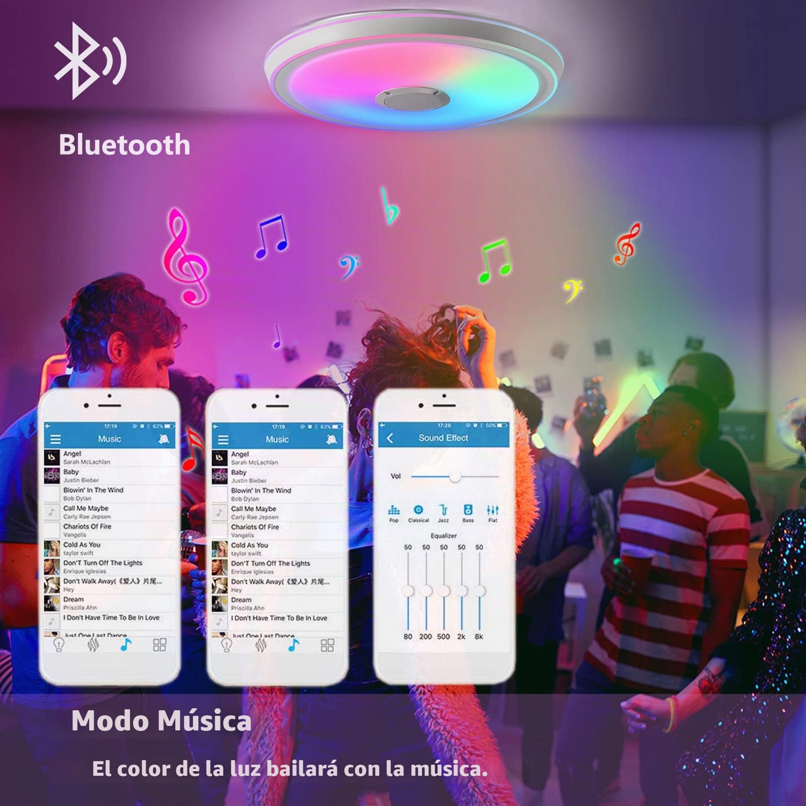 VOMI Lámpara de Techo RGB con Altavoz Bluetooth 50cm Música Lampara de Techo con Mando a Distancia y App Control Regulable Cambio de Color Plafon LED Techo para Salon Dormitorio Habitacion Infantil