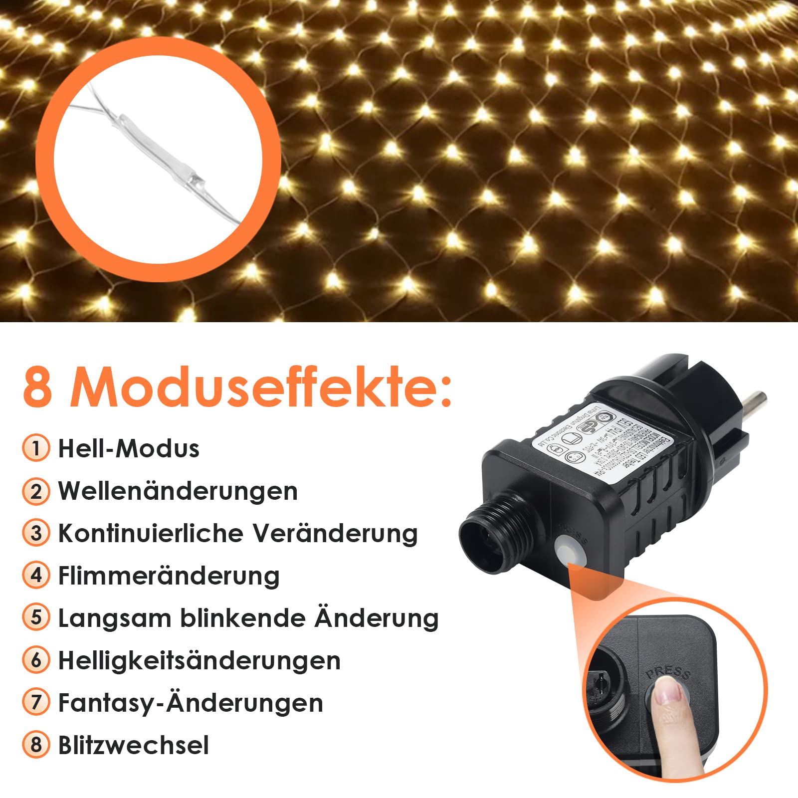 Randaco Siatka świetlna LED, 300 diod LED, ciepła biel, dekoracyjna lampa do użytku wewnątrz i na zewnątrz, z wtyczką (4,5 x 1,6 m, 8 trybów)