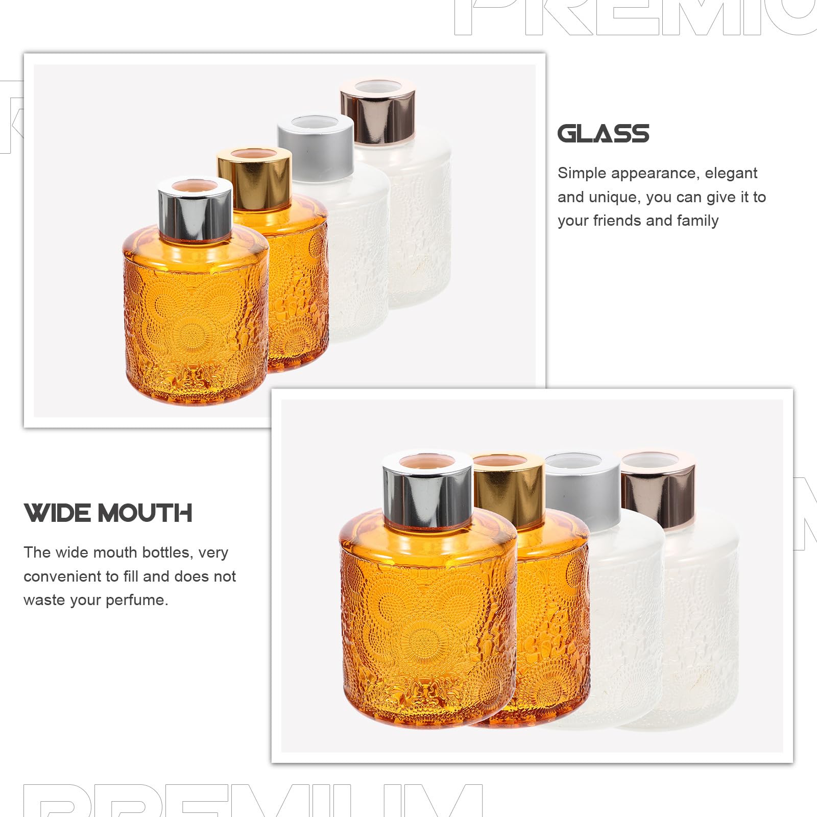 4 Stück Pack Geprägte Dekorative Glas Parfümflakons mit Weitem Mund Elegantes Design für Duftdiffusor und Wohnraumdekoration Zufällige Farbe