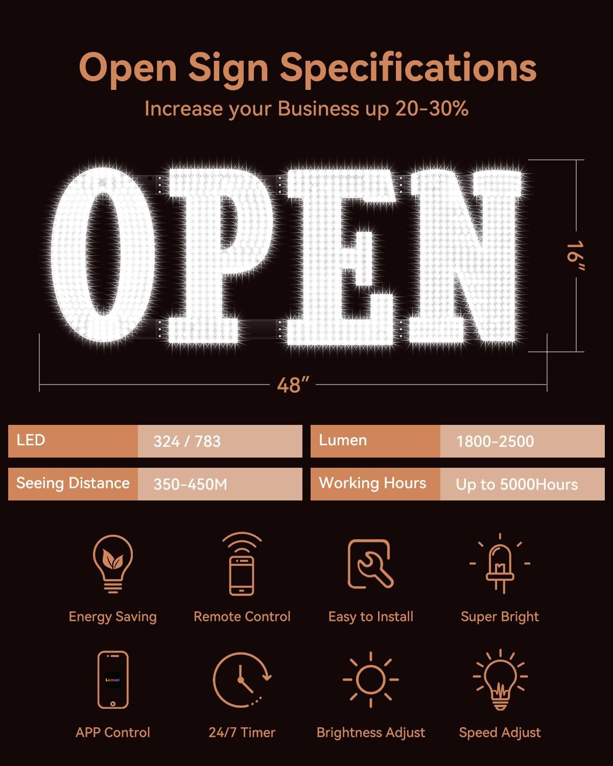 Open Sign for Business, 40"x14" Jumbo Open Sign with Timer and Remote Control, Dynamic Light Modes Led Signs for Storefront Window Bar Salon Cafes Retail Shops White - Image 5