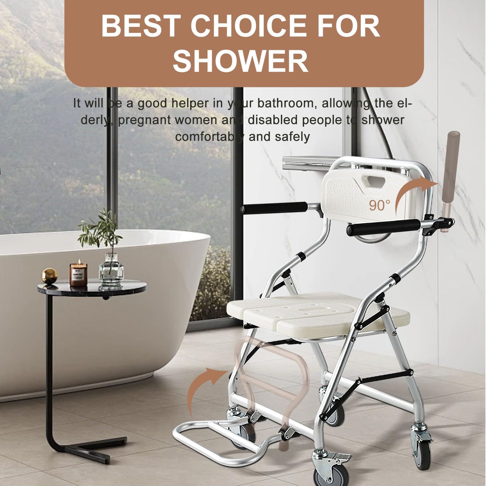 Silla Ducha con Ruedas Plegable, Silla Baño Ancianos Ducha | Silla de Ruedas WC para Personas con Movilidad Limitada, Aleación de Aluminio, Fuerte y Resistente, Fácil de Limpiar