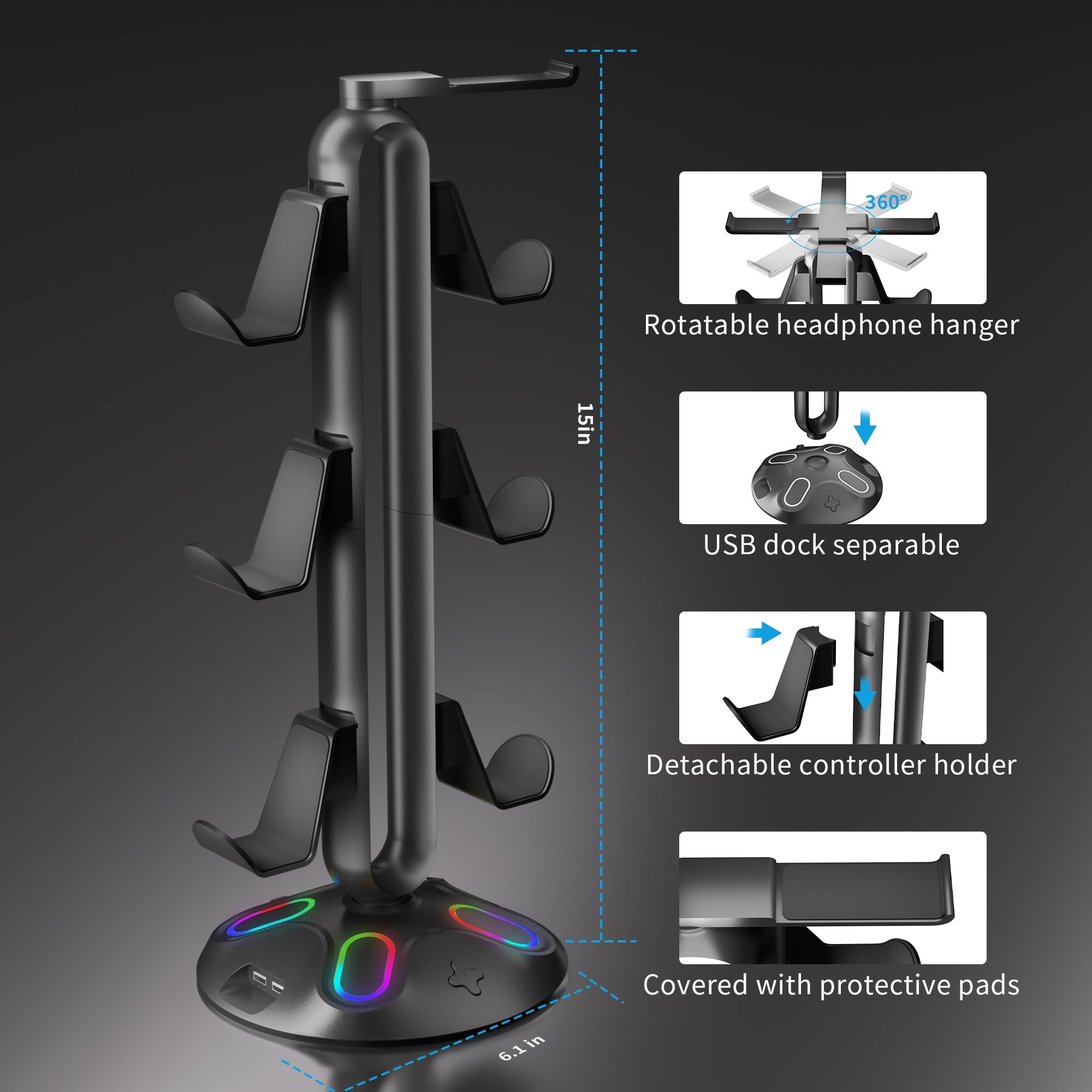 Gaming RGB Kopfhörerständer, Controller-Halterung mit 9 Lichtmodi – Headset-Ständer mit 2 USB-Ladeanschlüssen und 3,5 mm & Typ-C – Controller-Ständer Aufhänger Zubehör für Schreibtisch und