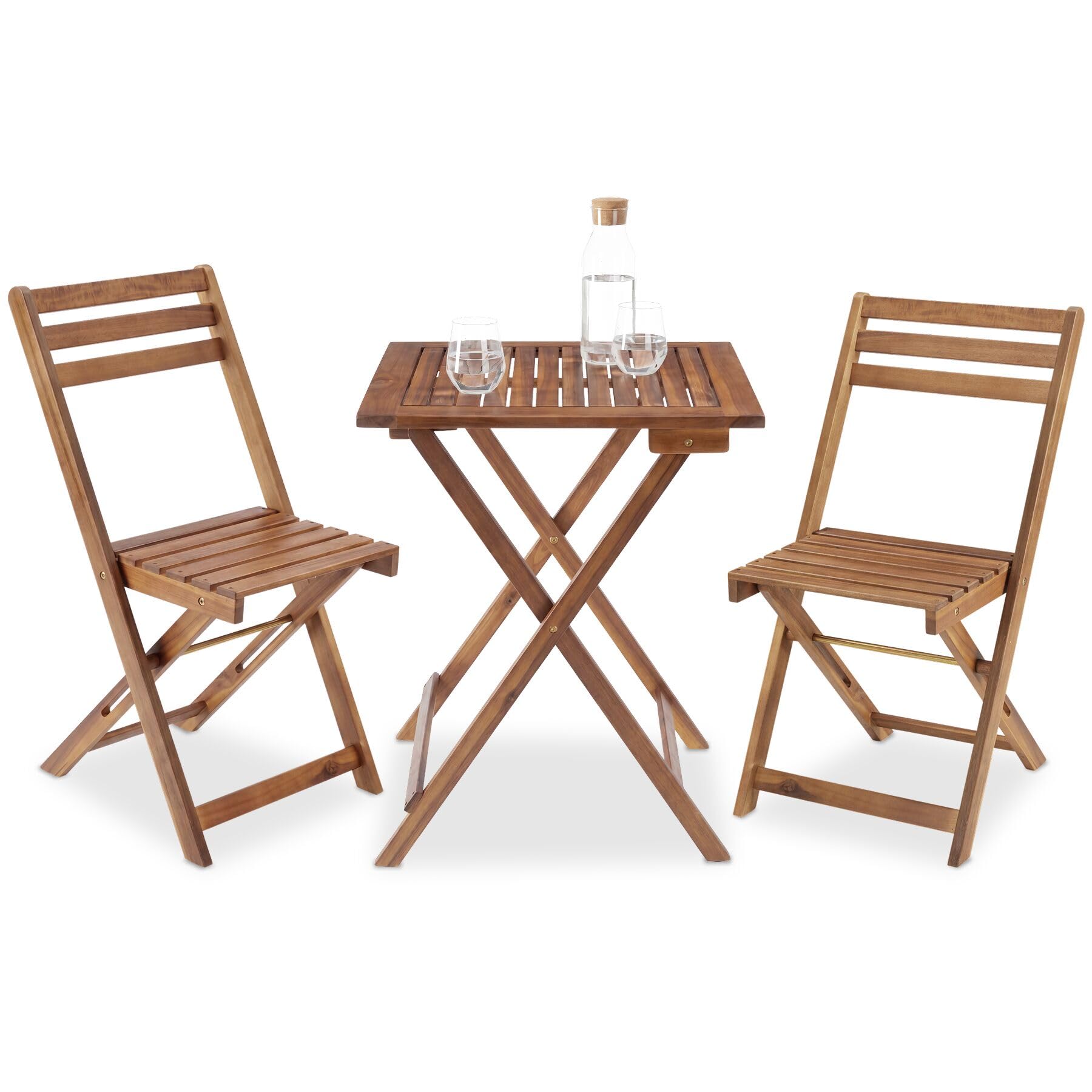 tectake® Set Tavolo e Sedie da Giardino, Set Pieghevole con 1 Tavolo da Esterno 60x60x74,5 cm e 2 Sedie da Esterno, Legno di Acacia, Design a Doghe, Struttura a X, Ideale Balcone, Terrazzo e Giardino