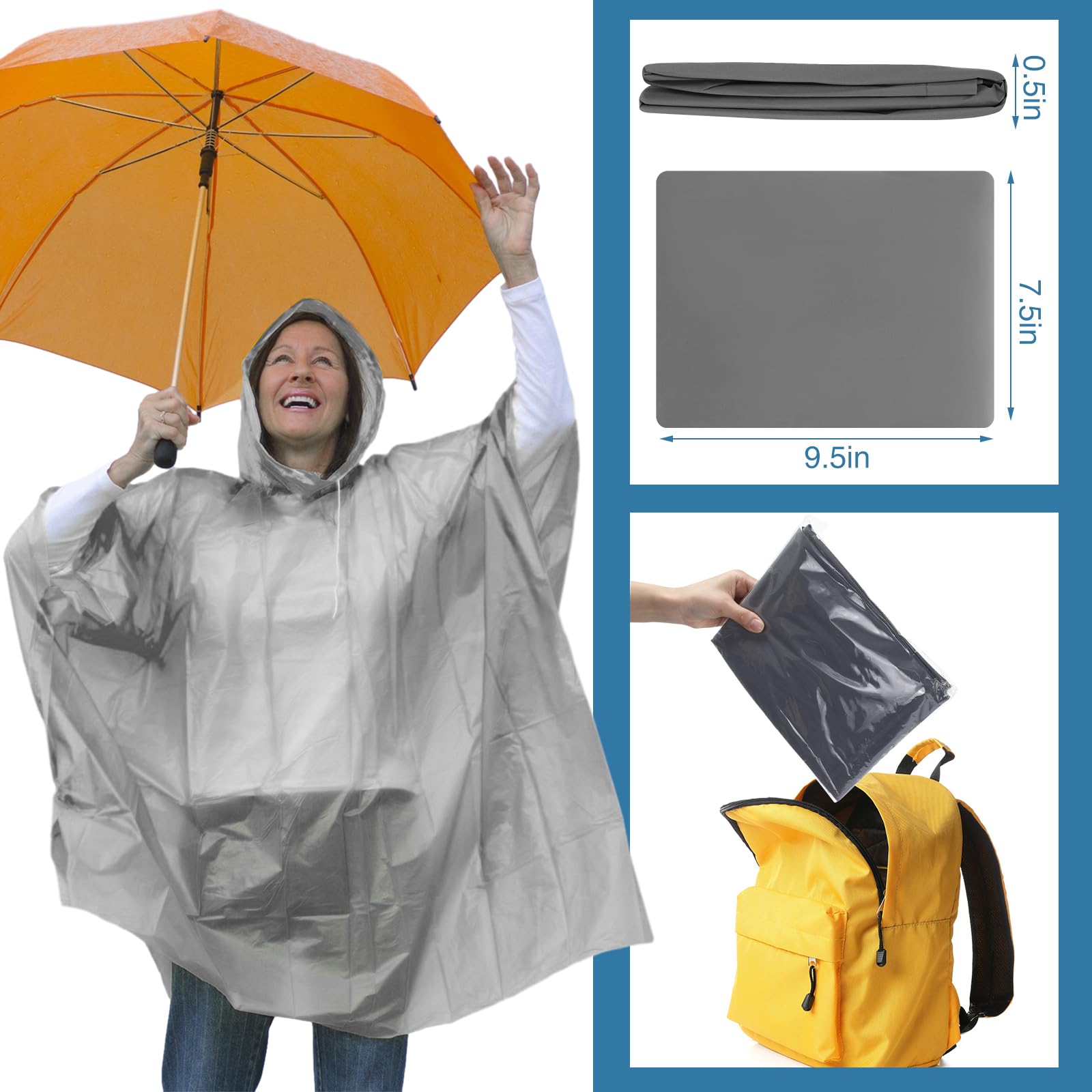 Zhehao 10-Pack Rain Ponchos For Adults - Black, Reusable, Waterproof EVA Plastic With Drawstring Hood