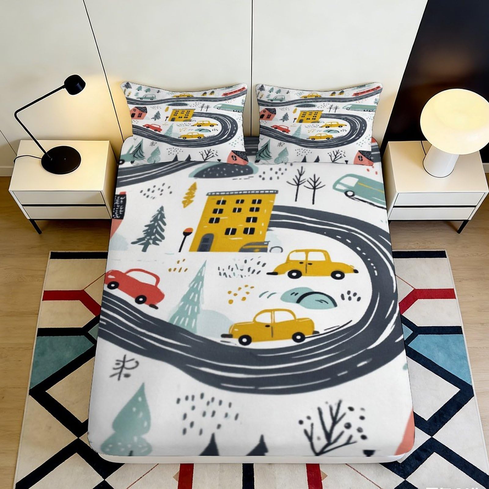 Pnayamiorkfel Style-4 3D Printed City Road Fitted Sheet Microfiber Soft Yellow Cars Bed Cover For Bedroom Guest Room Dorm Mattress Decor 90X200x25cm
