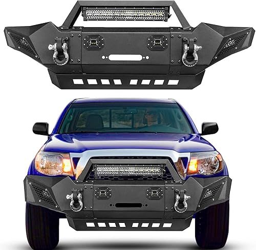 Parachoques delantero para Tacoma, AAIWA Pickup Truck Off Road Parachoques con placa de montaje de cabrestante, 5 luces LED y anillo en D compatible